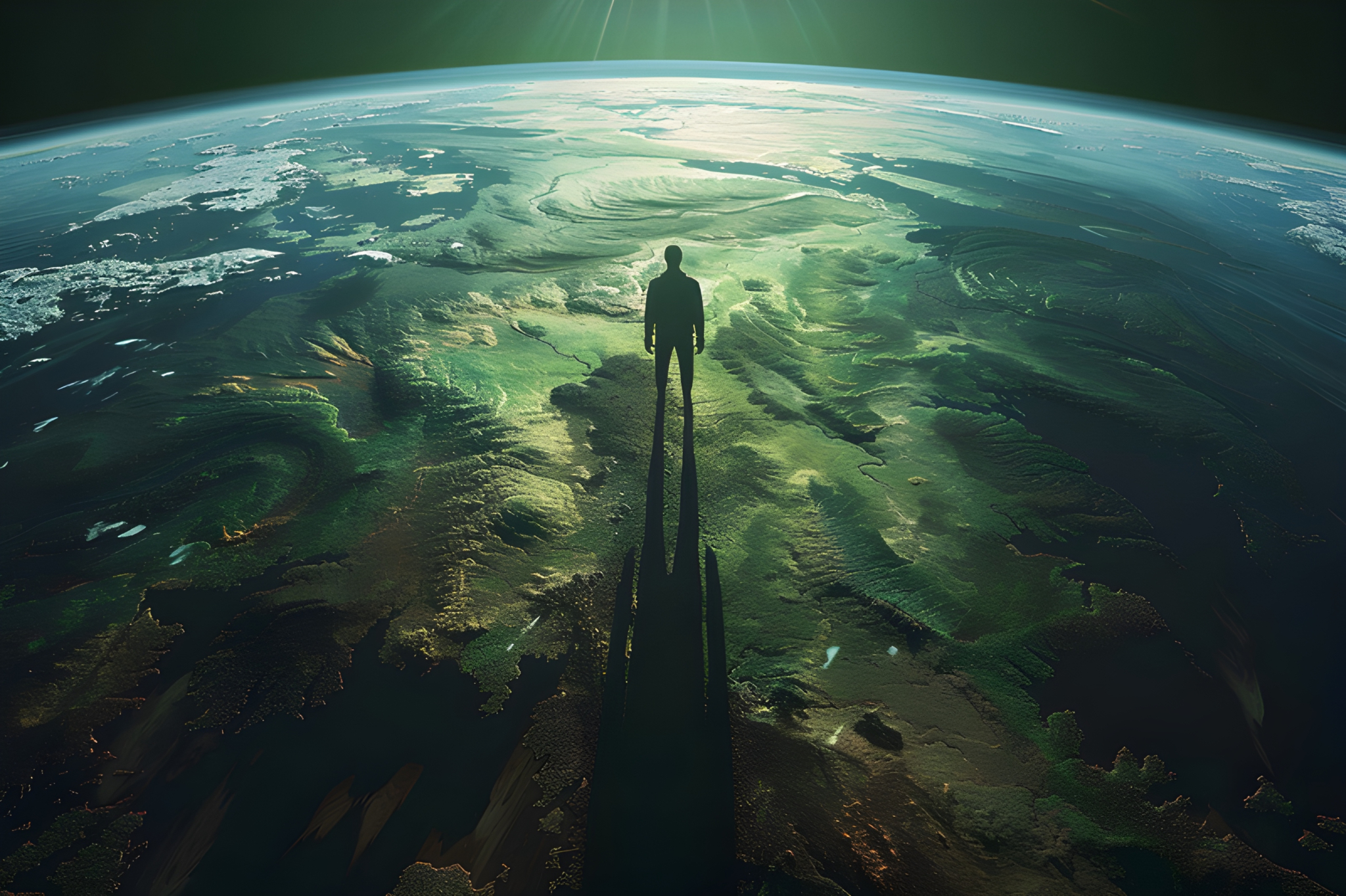 A single human, viewed from space, casting a colossal shadow over an ...