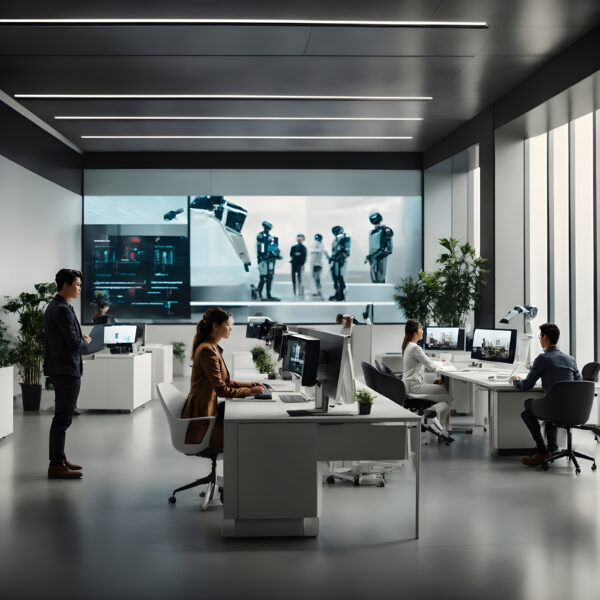 Humans and AI-driven robots collaborating in a high-tech office ...