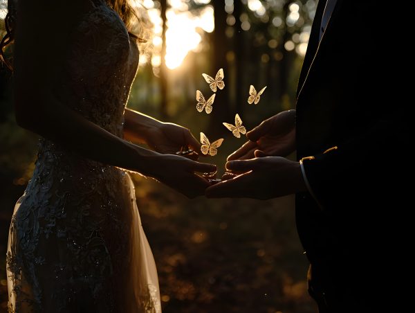Silhouette of a Couple Holding Hands with Butterflies Surrounding Them ...