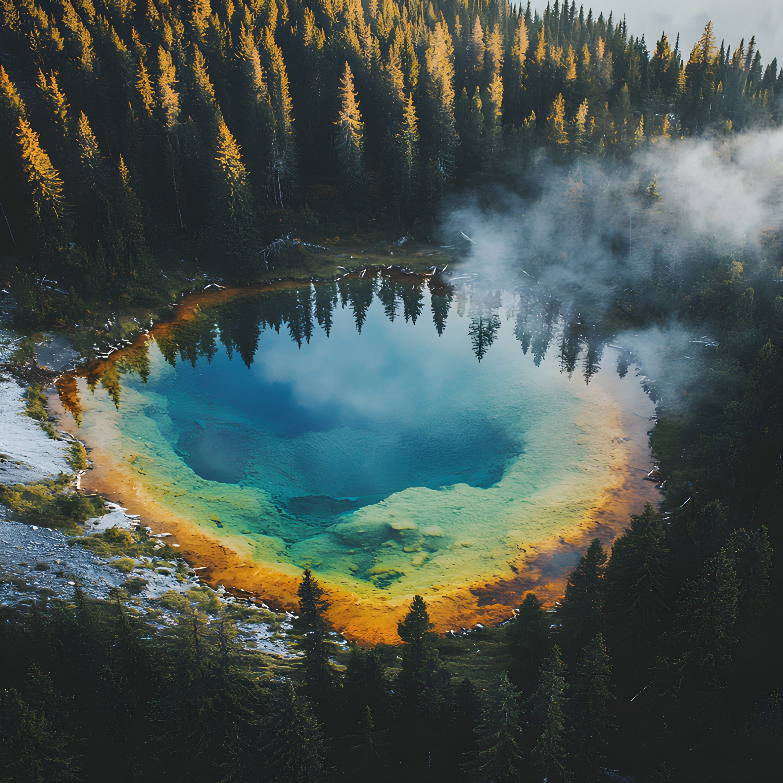 Misty Morning Over a Colorful Lake Surrounded by Pine Trees ...