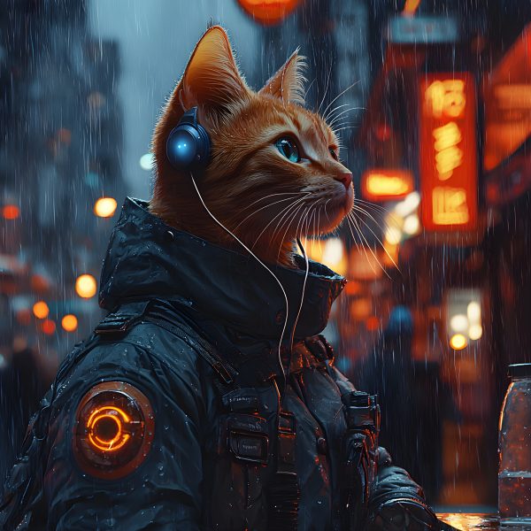 Cyberpunk Cat in a Rainy City with Headphones and Neon Lights ...