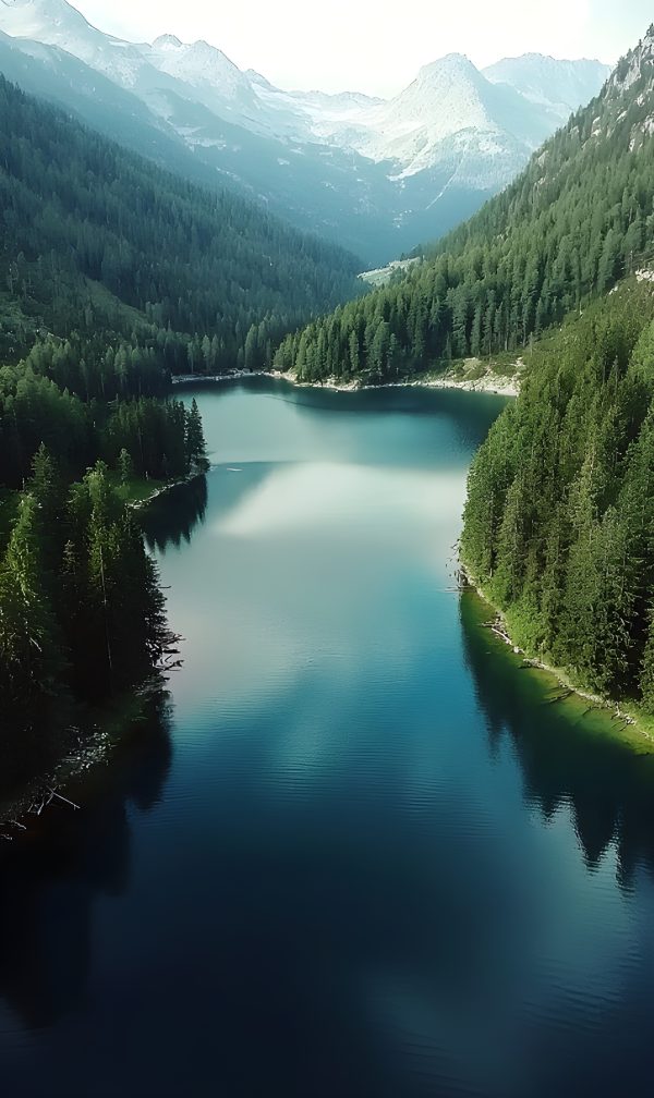 Serene Mountain Lake Surrounded by Lush Green Forests and Snow-capped ...