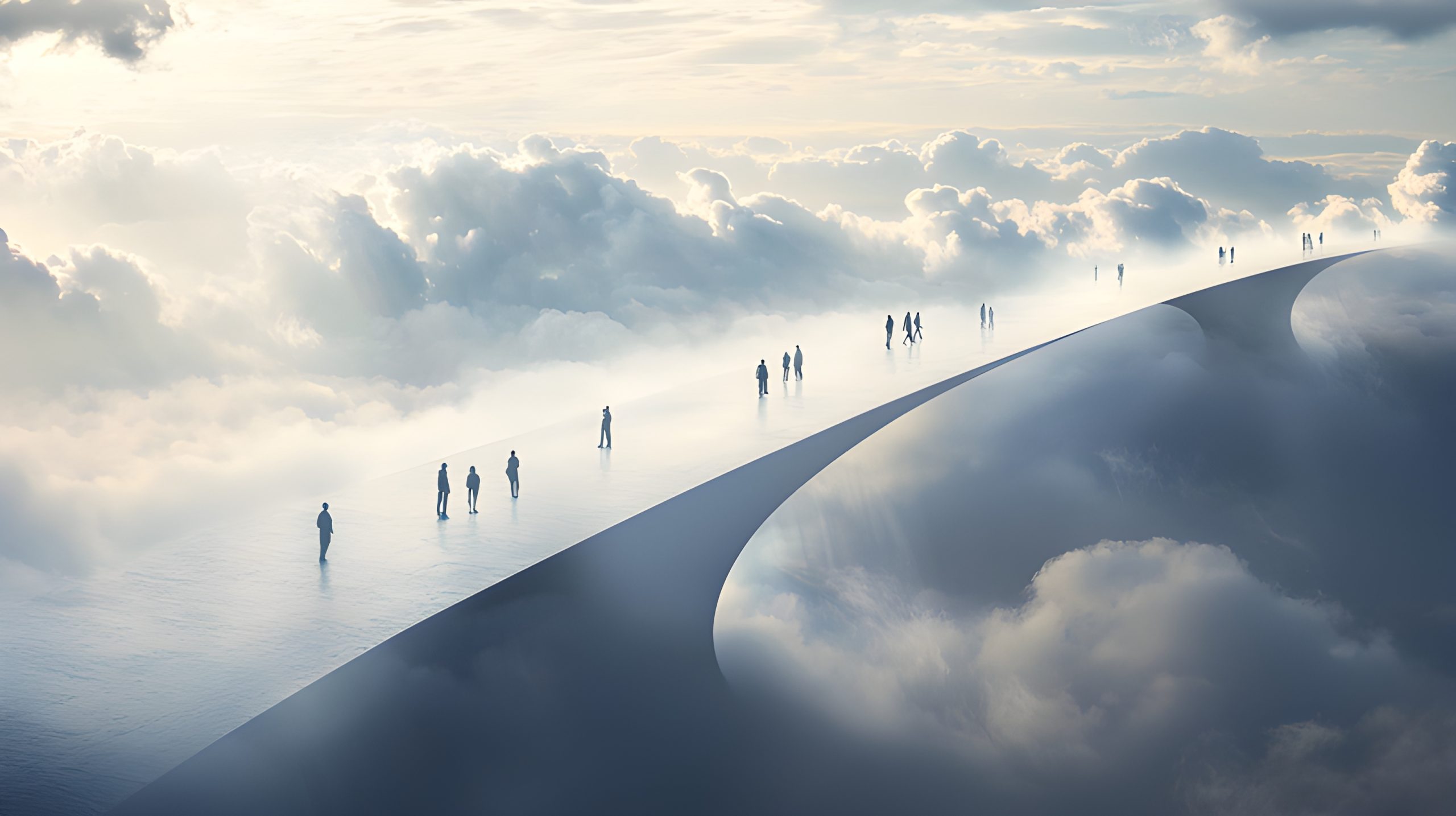 A Pathway Through The Clouds With Silhouettes Of People Walking Towards ...