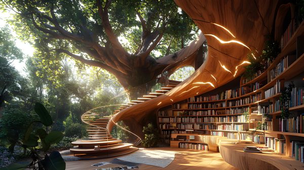 A treehouse library nestled amongst the lush greenery of a forest ...