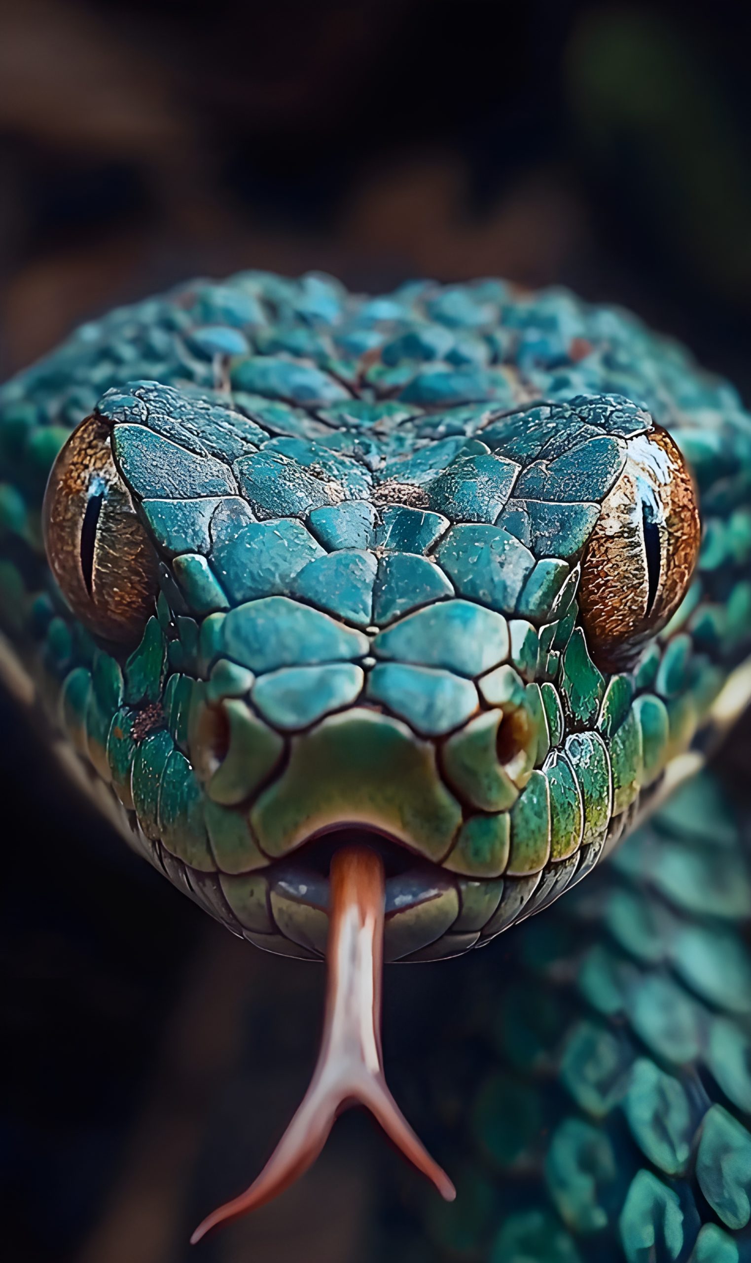 Emerald Green Snake With Forked Tongue And Intense Gaze
