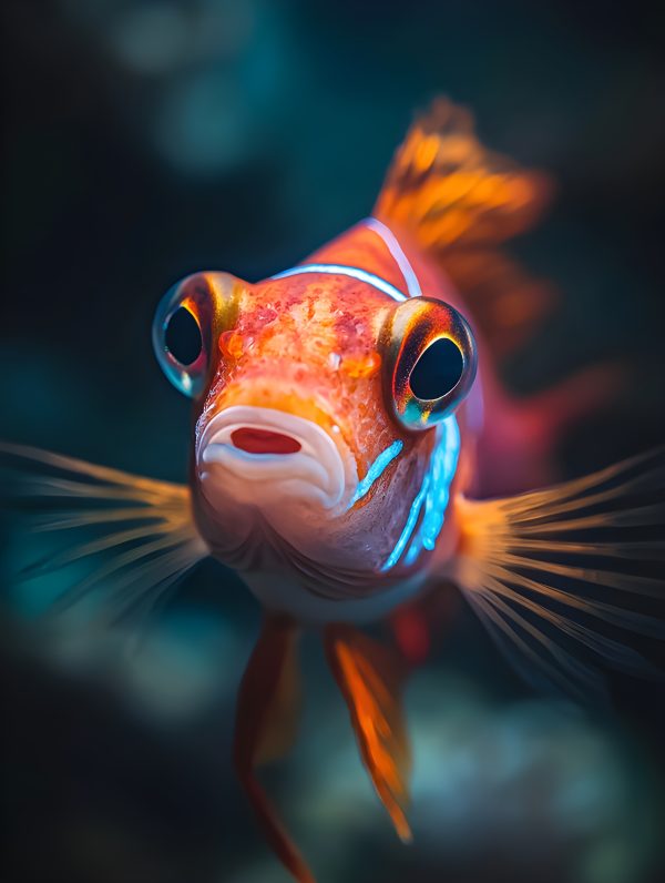 Vibrant orange fish with large eyes, finely detailed fins, and bright ...