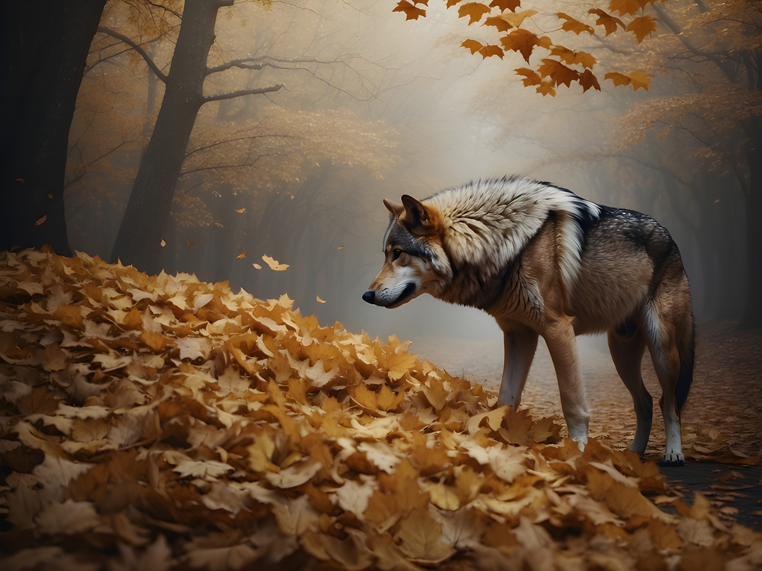Autumn Wolf in Misty Woods