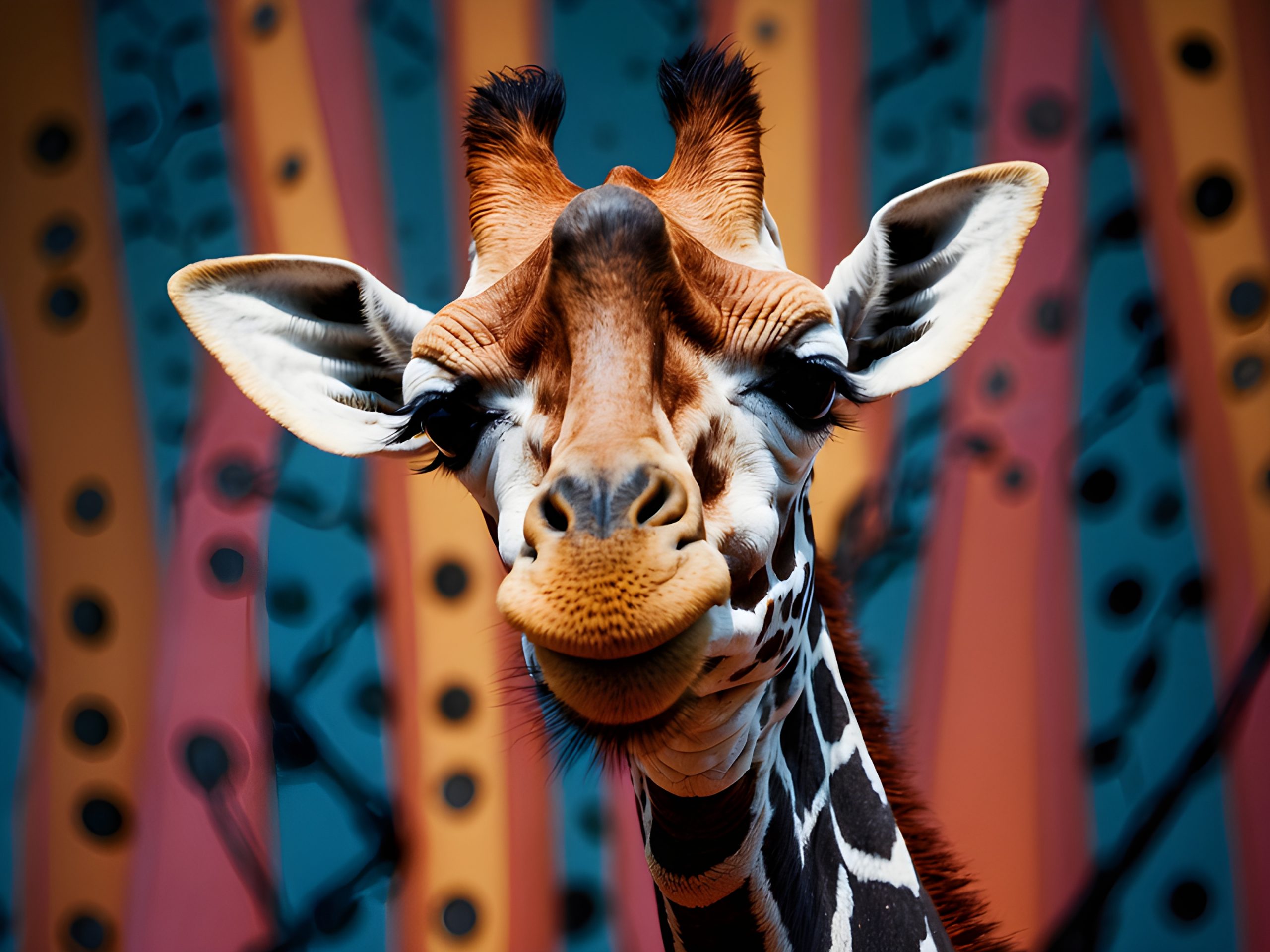 Giraffe Portrait Against Colorful Stripes