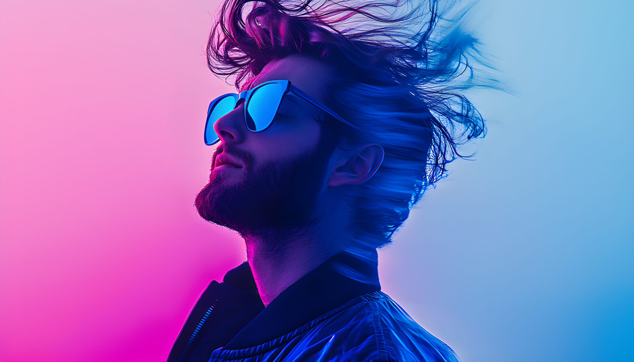 Neon Man, Windblown Hair, Blue Shades