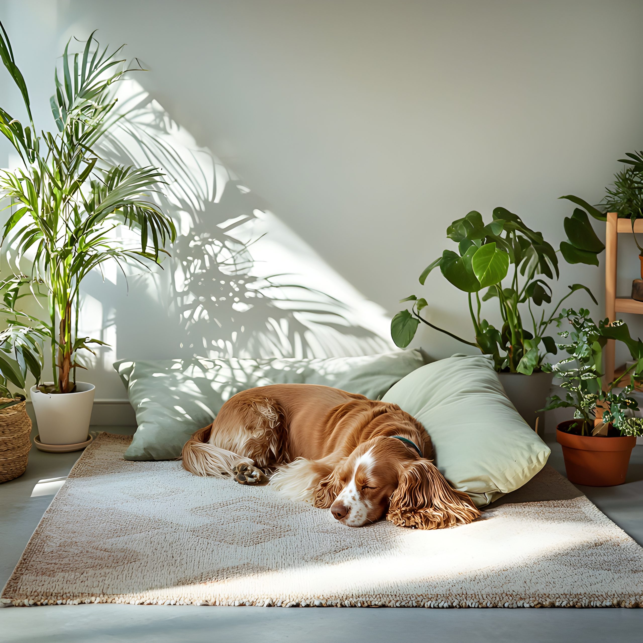 Dog sleeping on a rug with plants