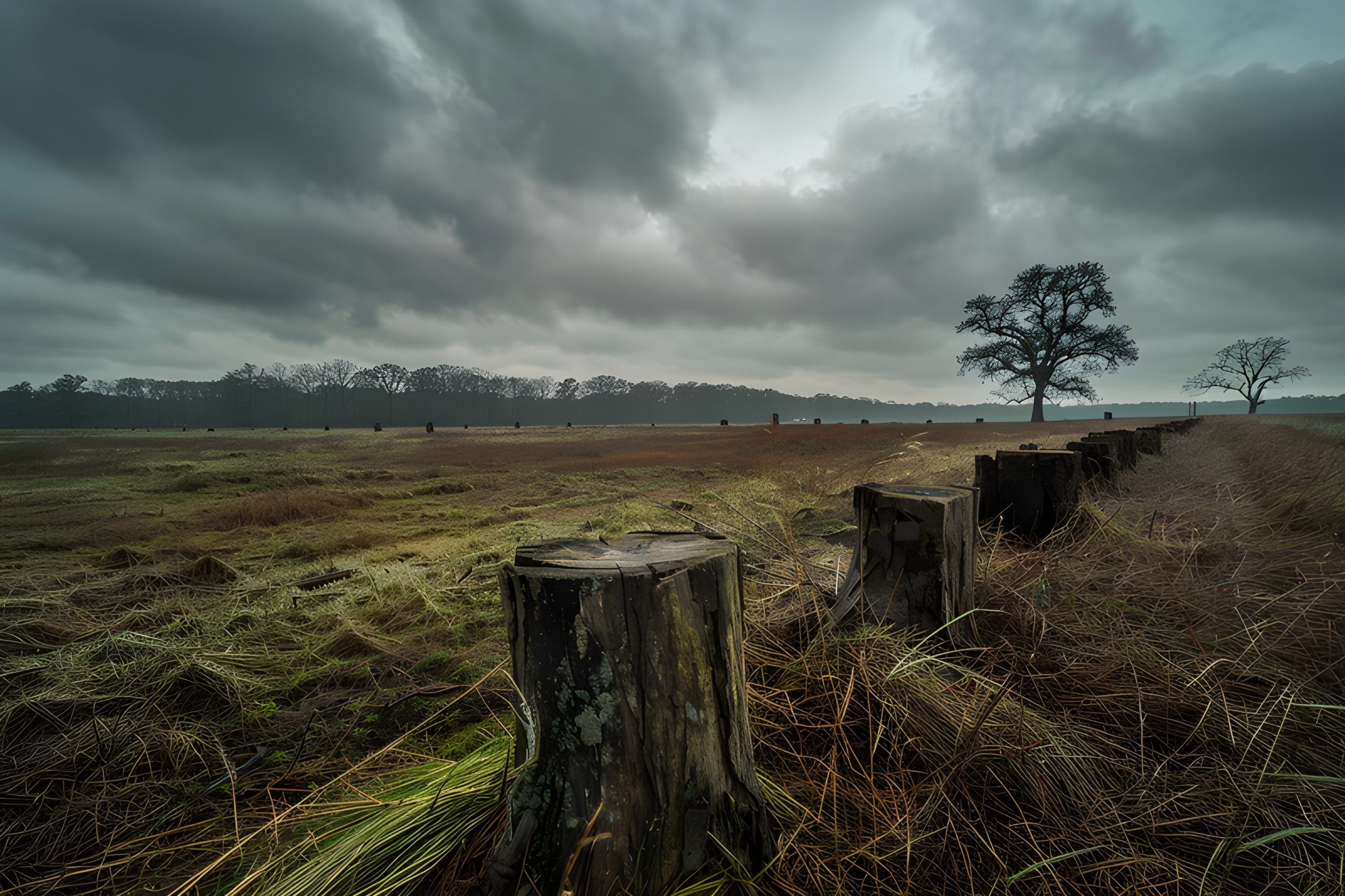 Stormy Field with Tree Stumps
