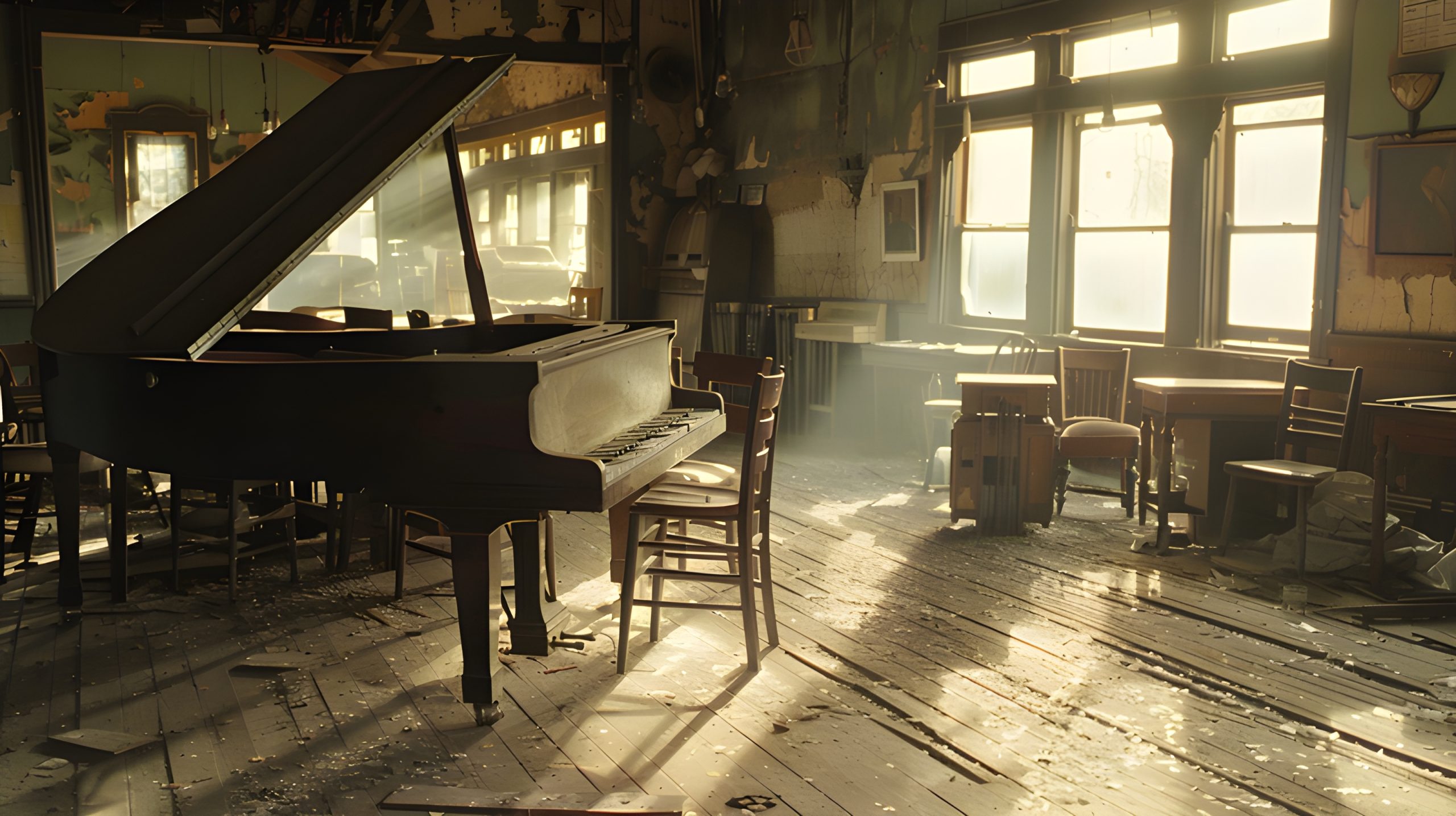 Abandoned Piano in Sunlit Ruin