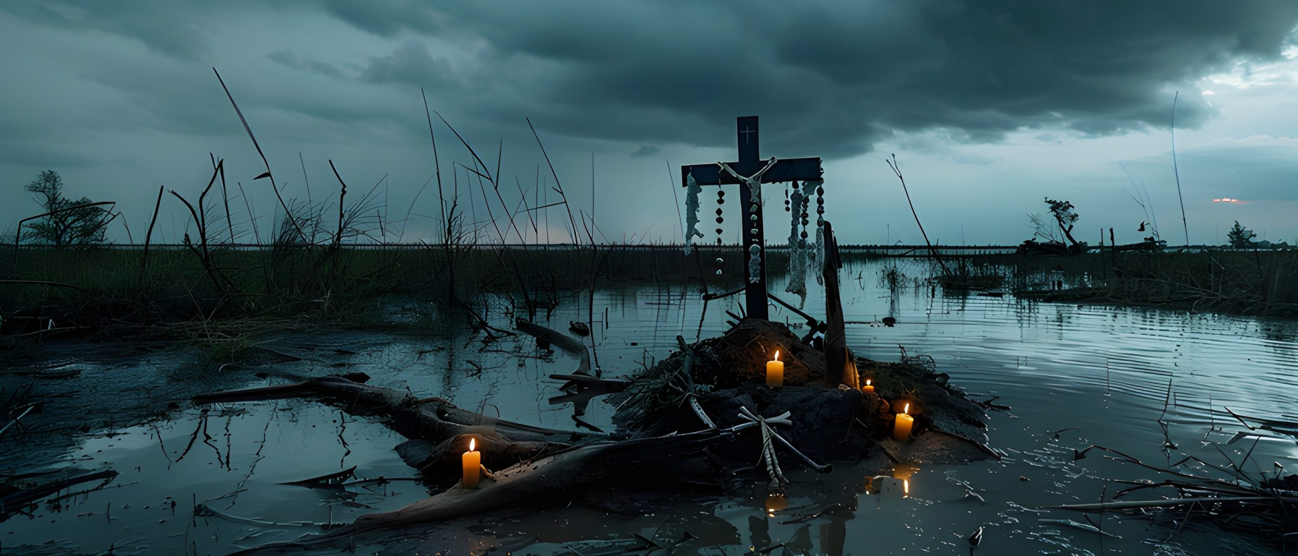Swamp Cross Candles Stormy Sky
