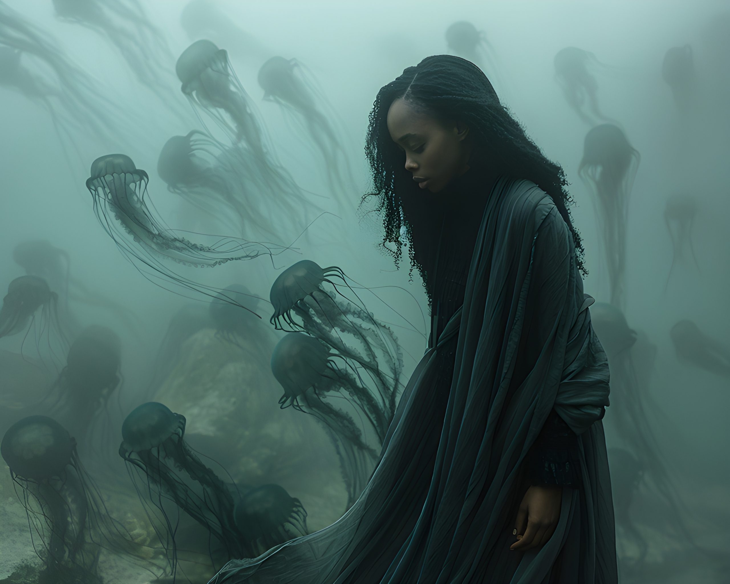 Woman Among Jellyfish in Fog