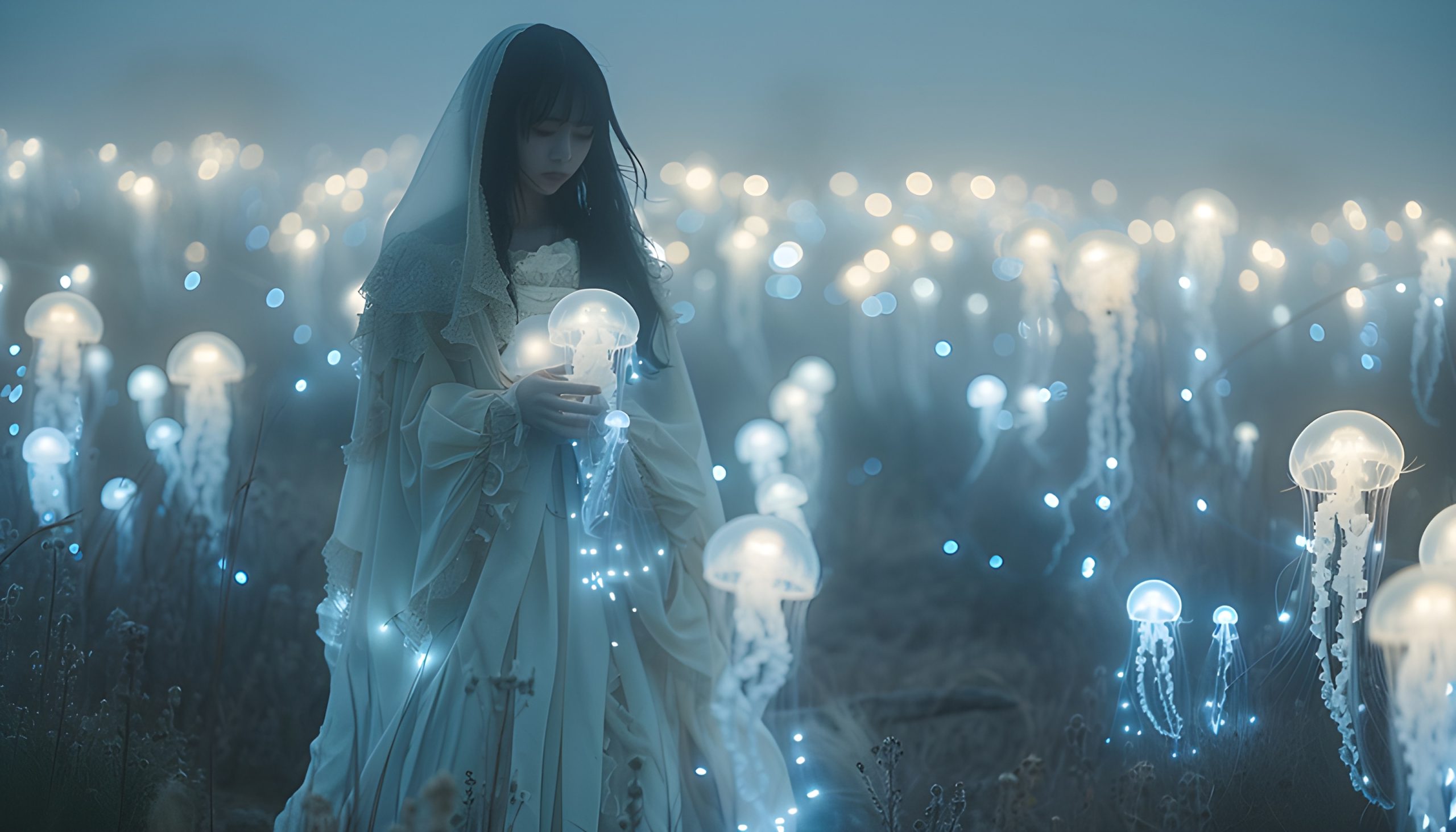 Woman in Bioluminescent Jellyfish Field