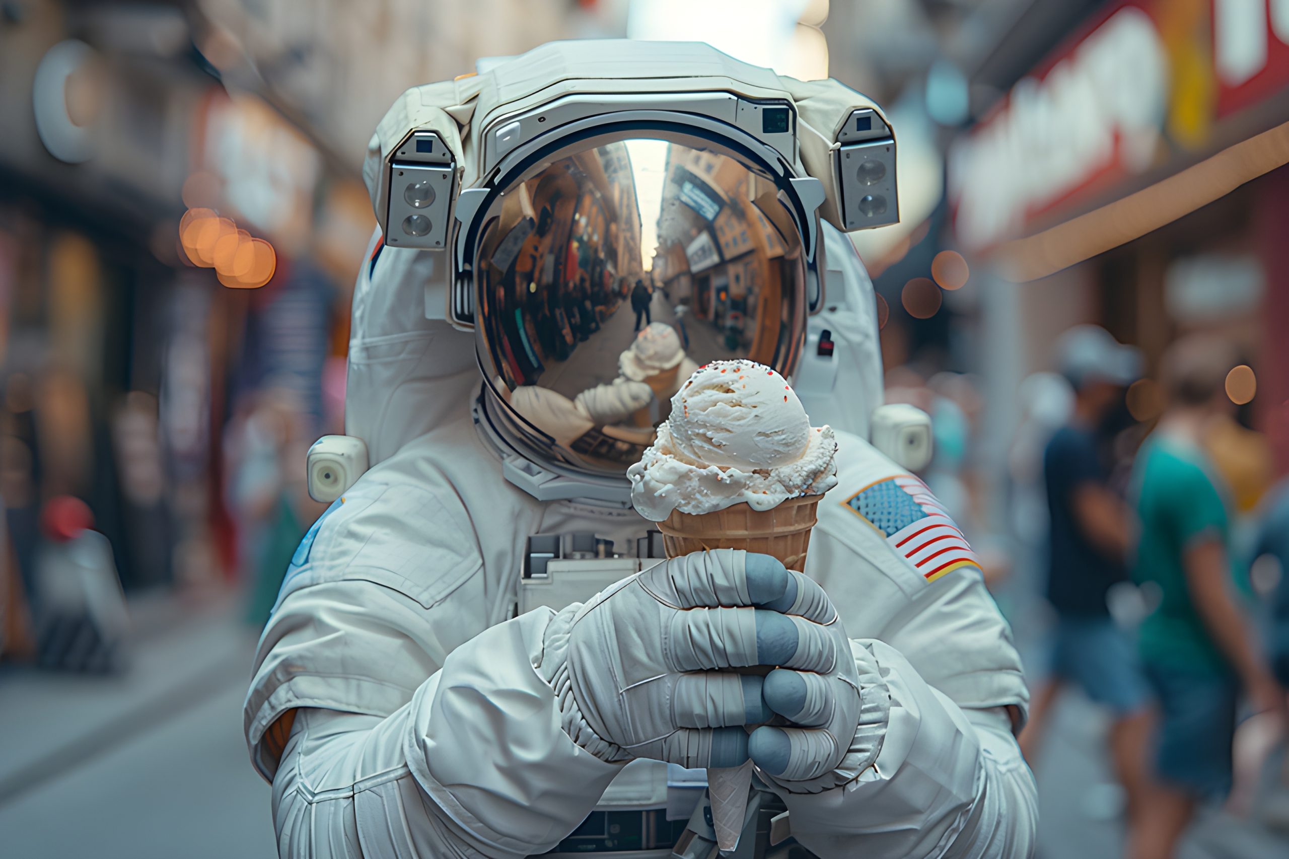 Astronaut Eats Ice Cream on City Street