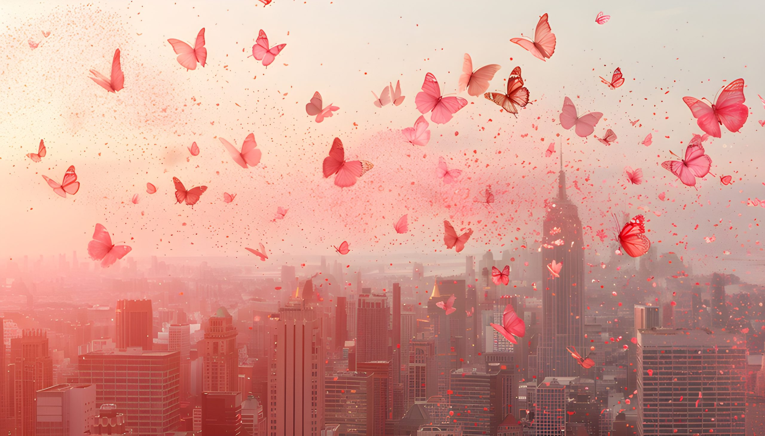 Pink Butterflies Over Cityscape