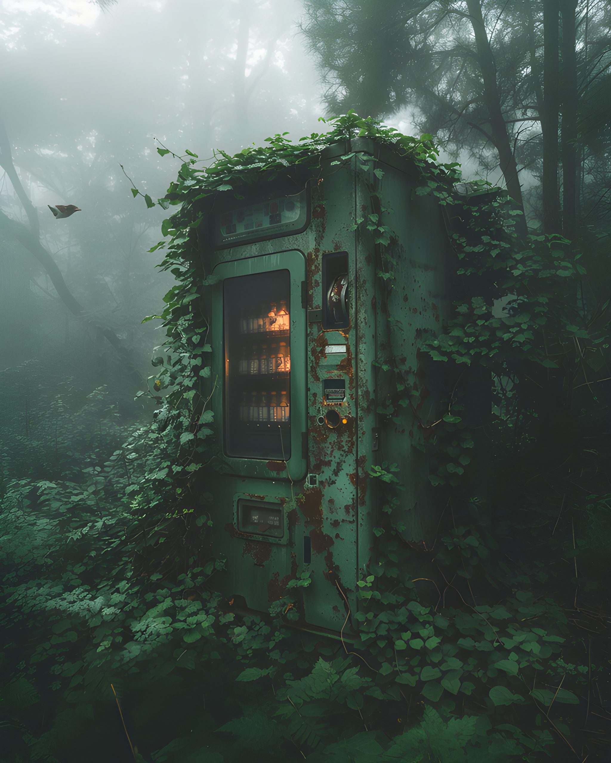 Overgrown Vending Machine in Fog