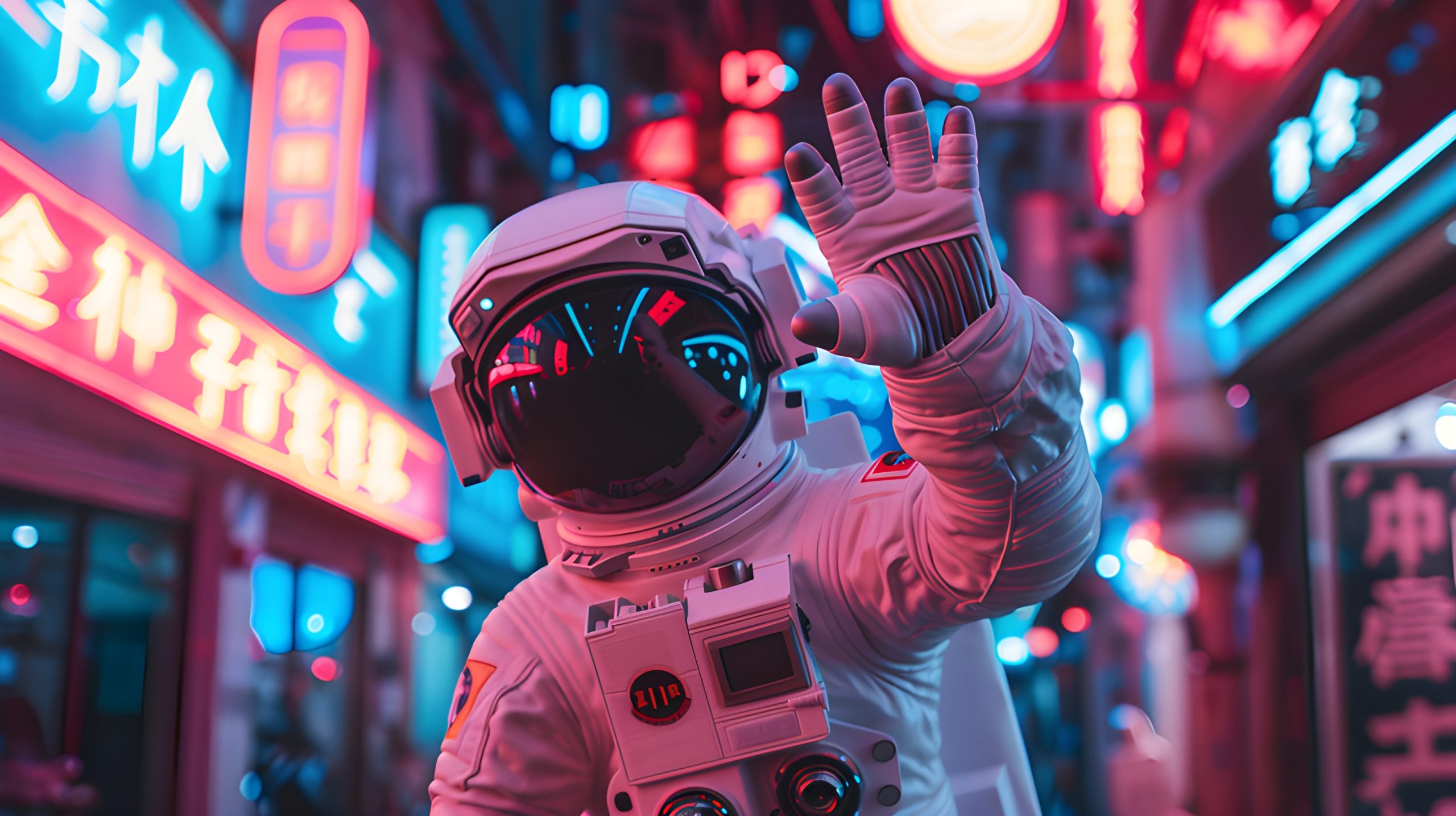 Astronaut waves in neon city