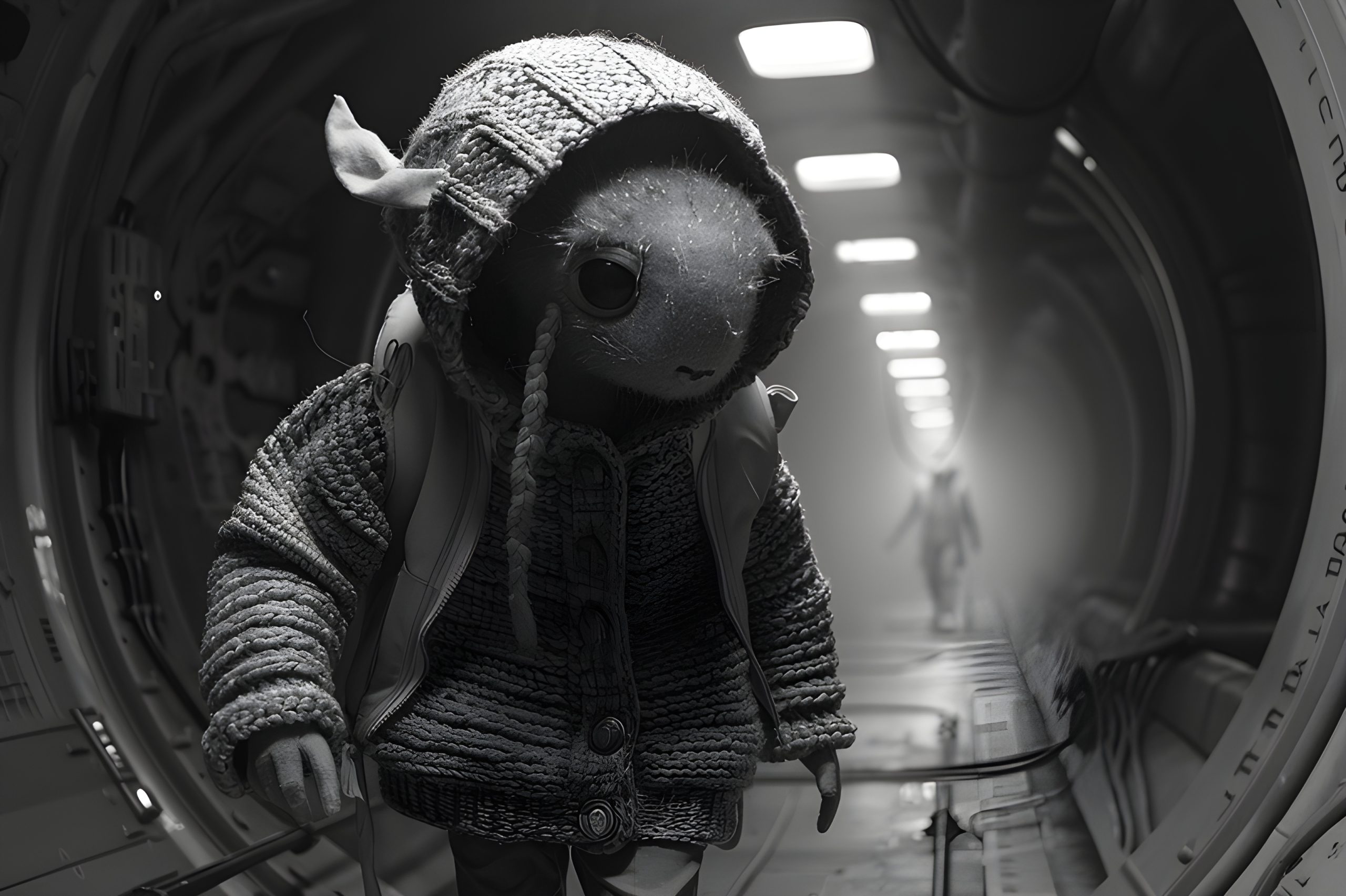 Lone Traveler in a Space Corridor