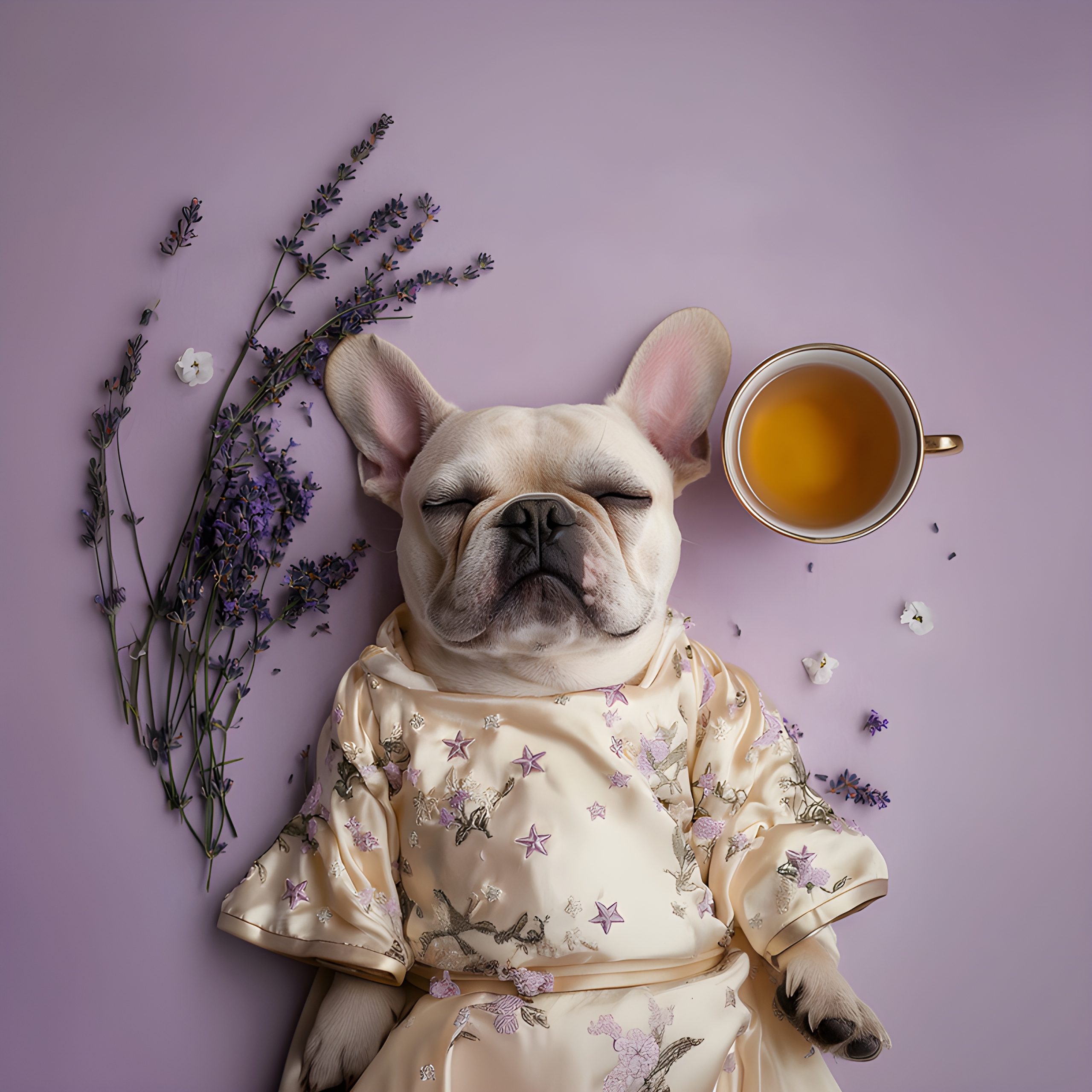 French Bulldog in Pajamas with Tea