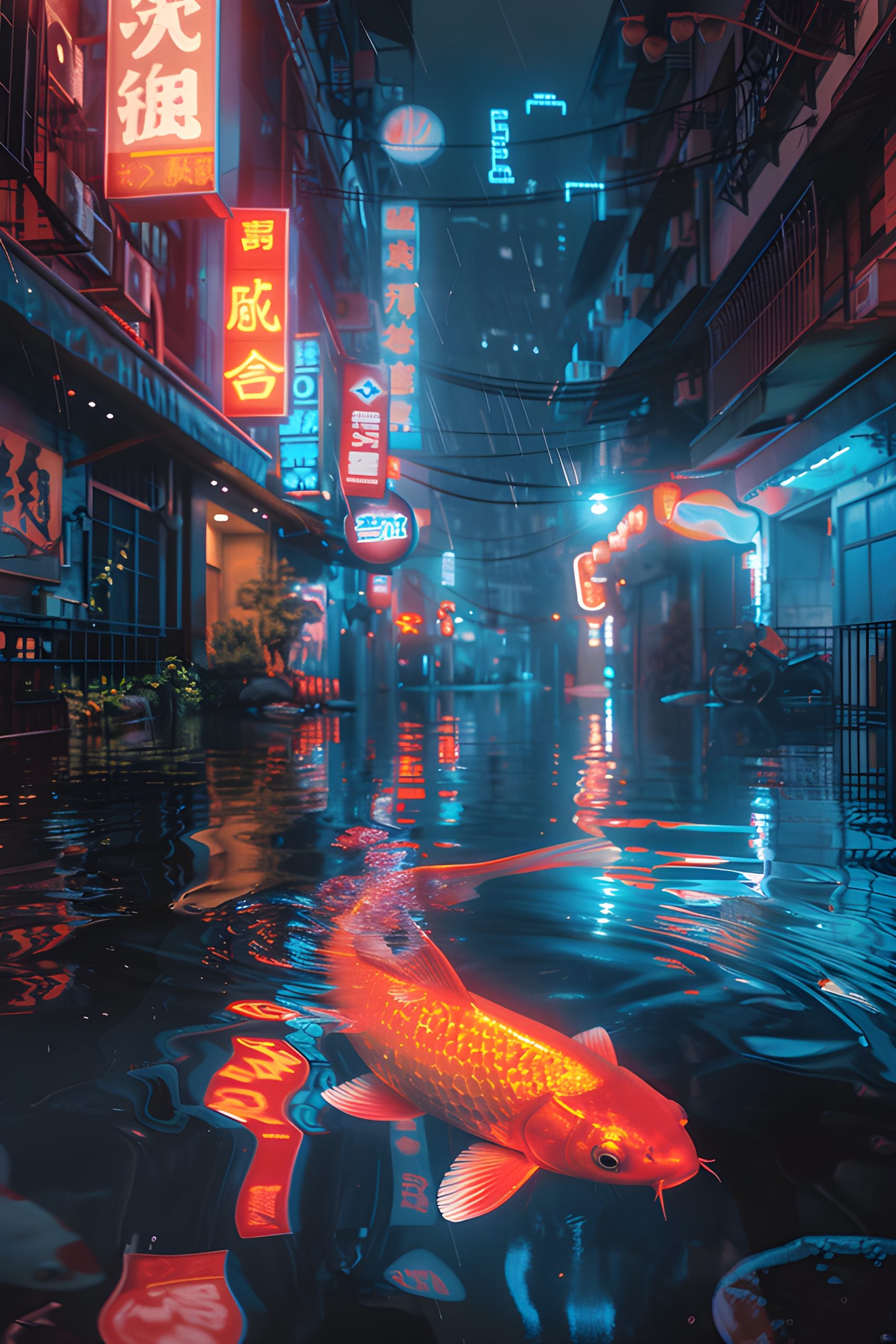Neon Koi in Flooded Cityscape