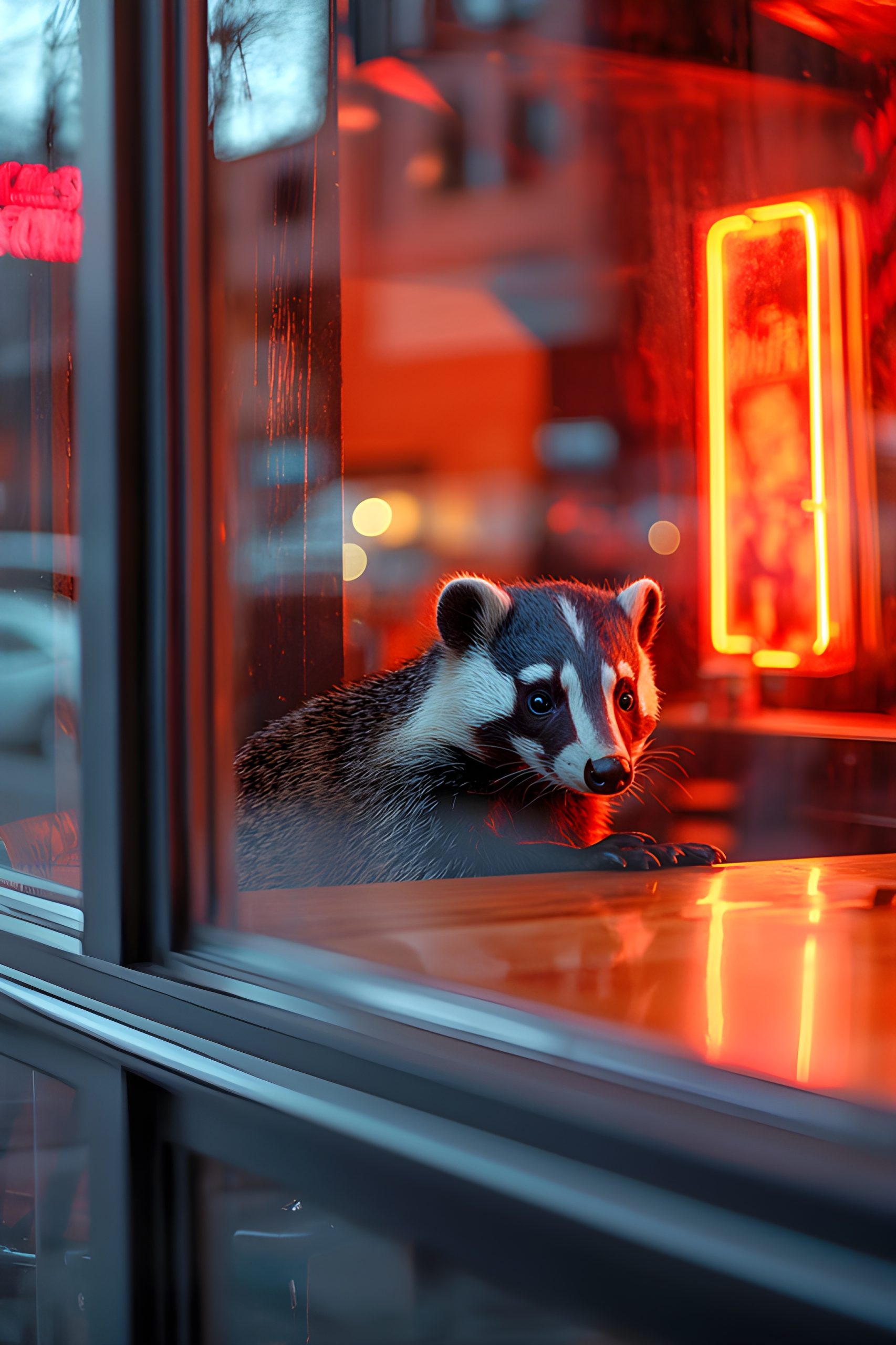 Badger in a Red-Lit Cafe Window