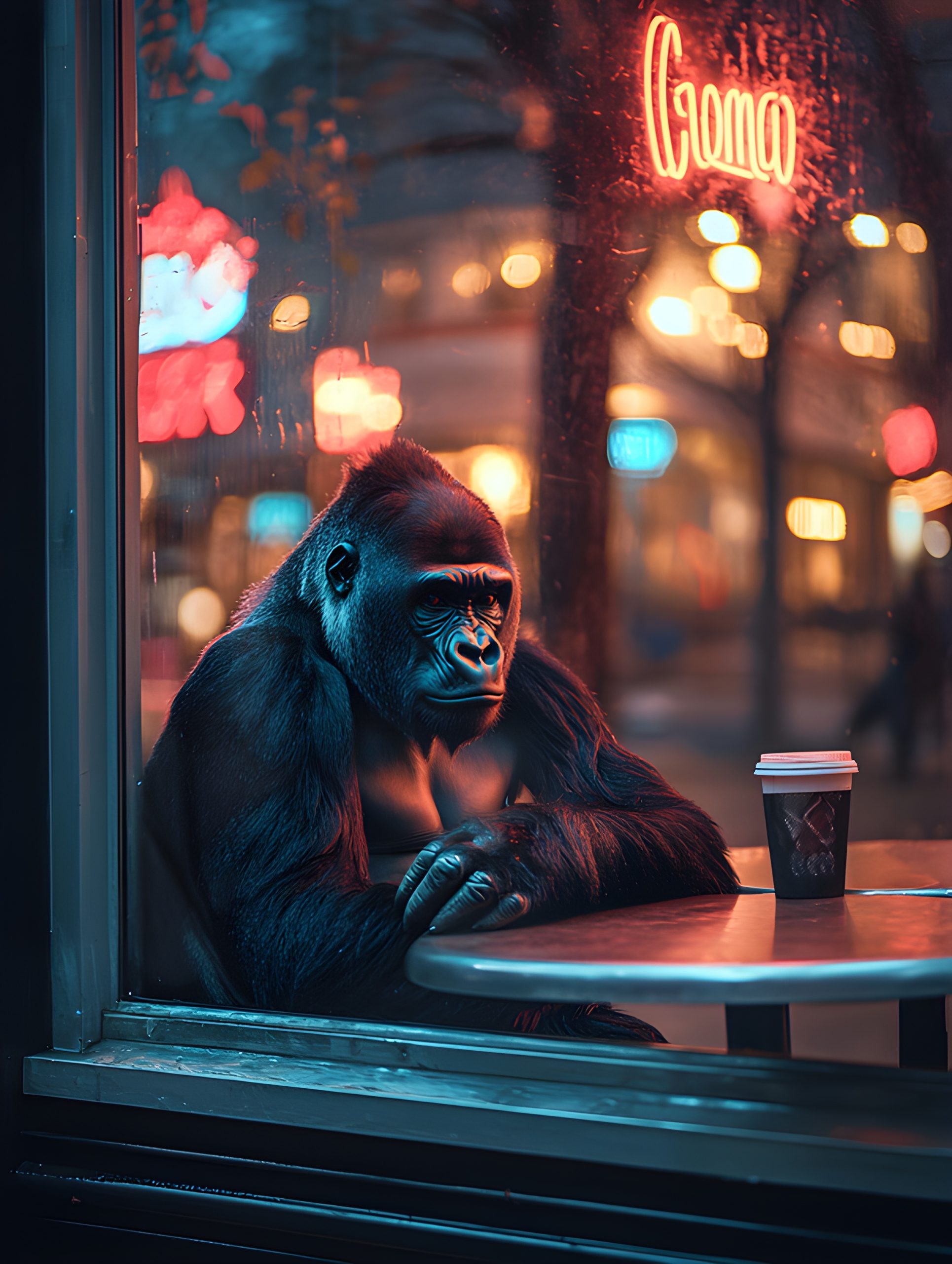 Gorilla at a City Cafe Window
