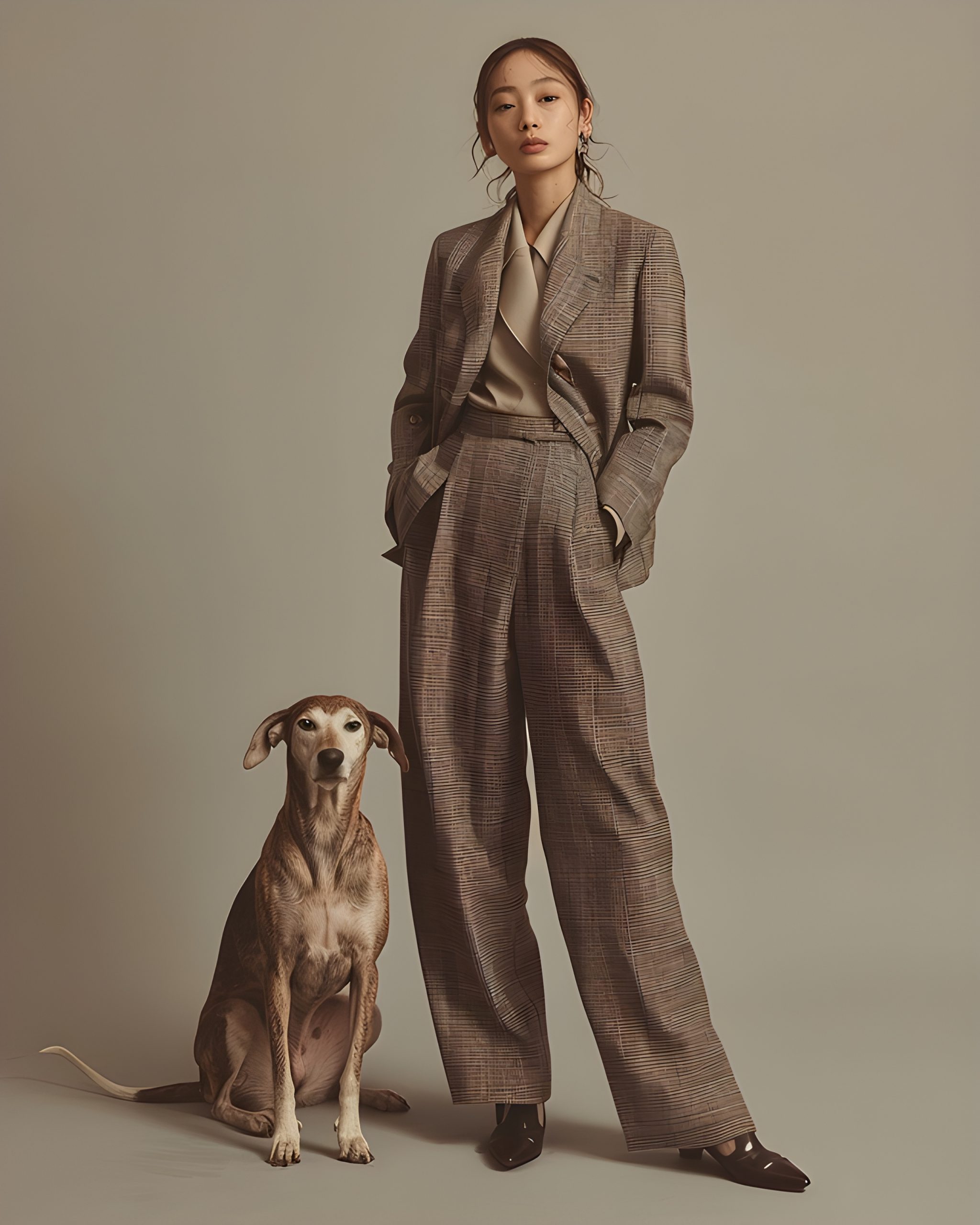 Woman in Plaid Suit with Dog