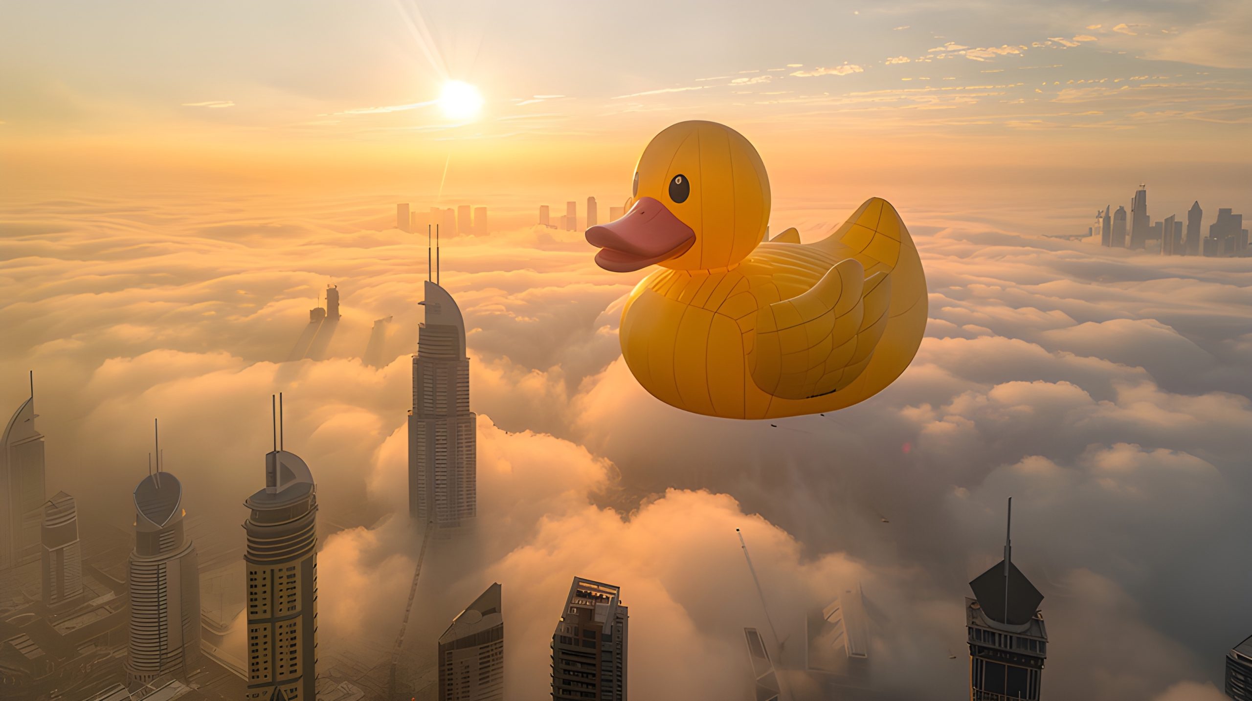 Rubber Duck Over Dubai Skyline