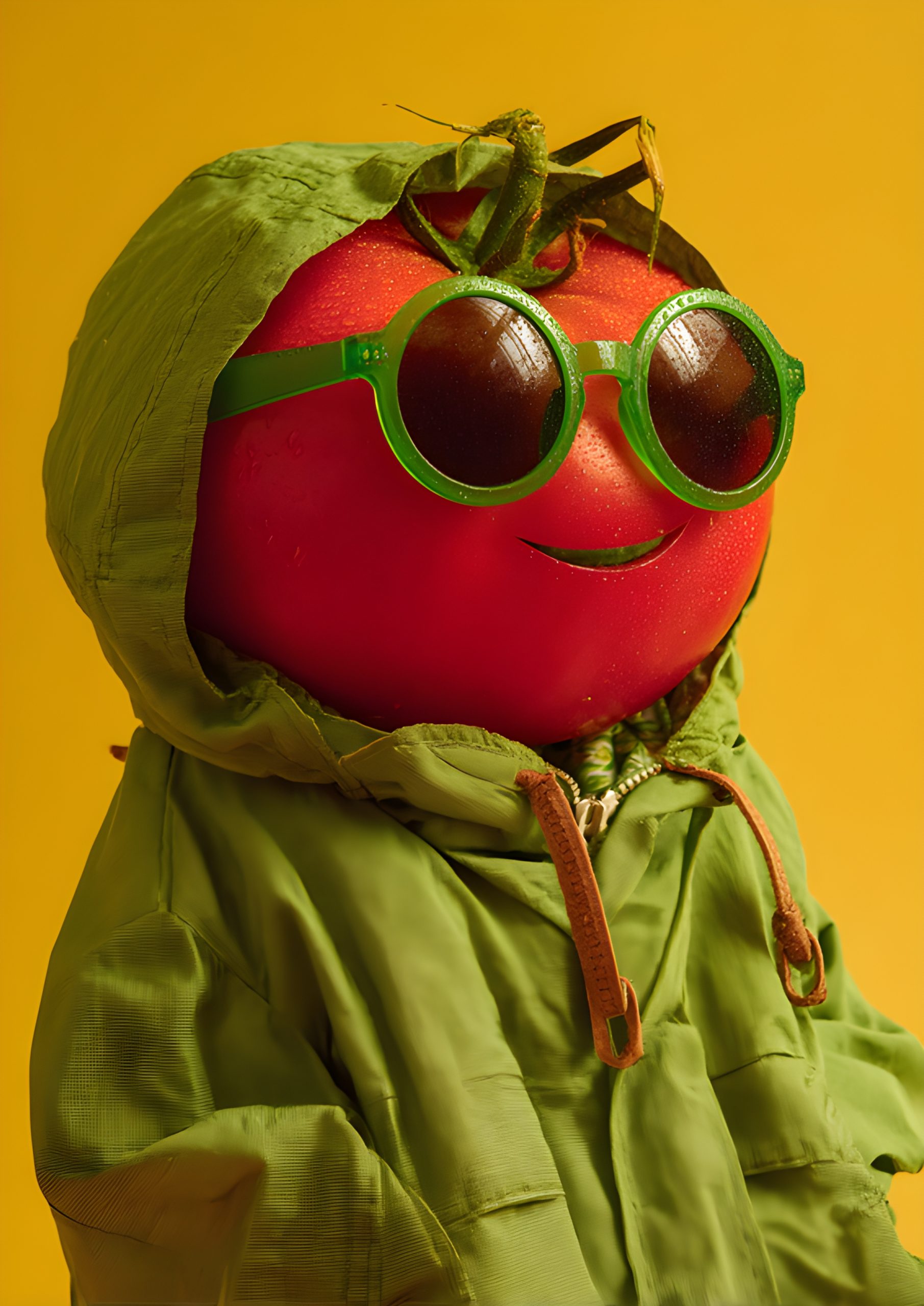 Tomato in a raincoat and shades