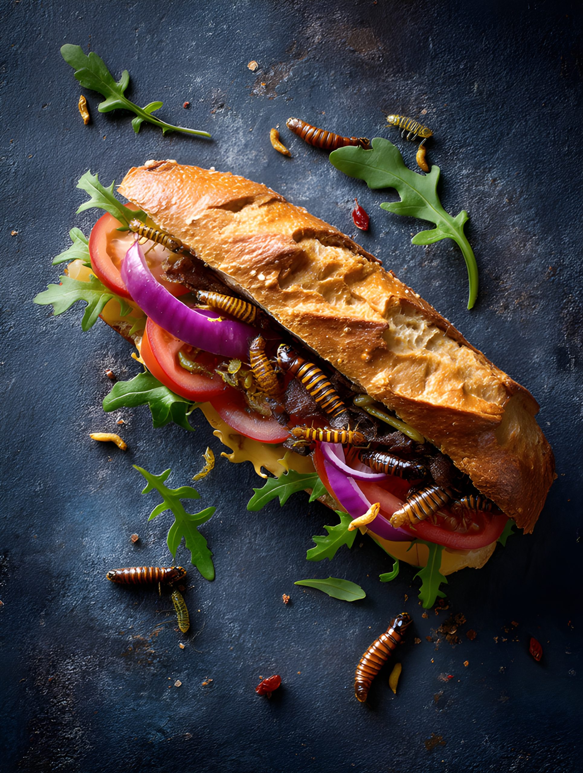 Bug-Topped Veggie Baguette Sandwich