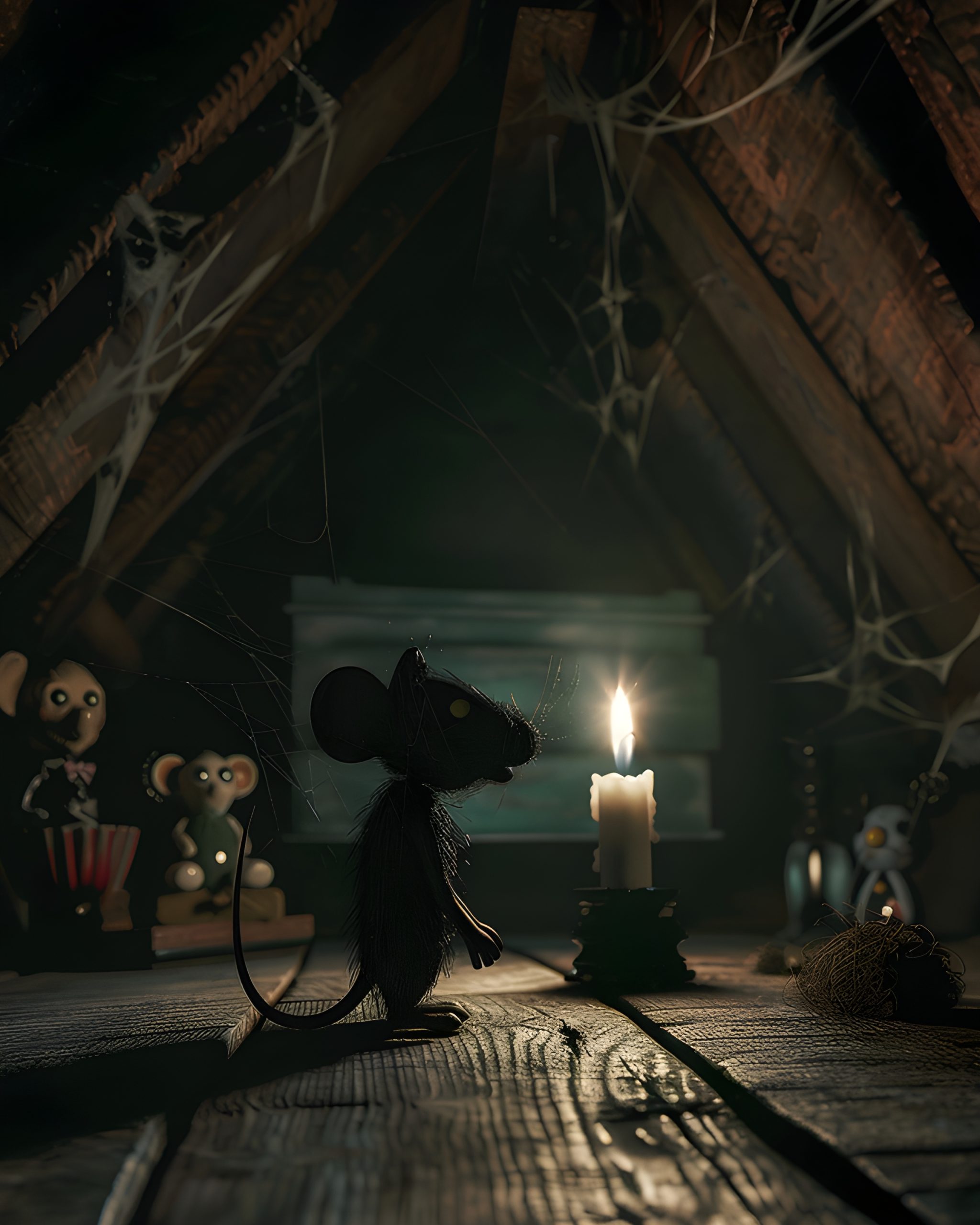 Black Mouse in Dusty Attic