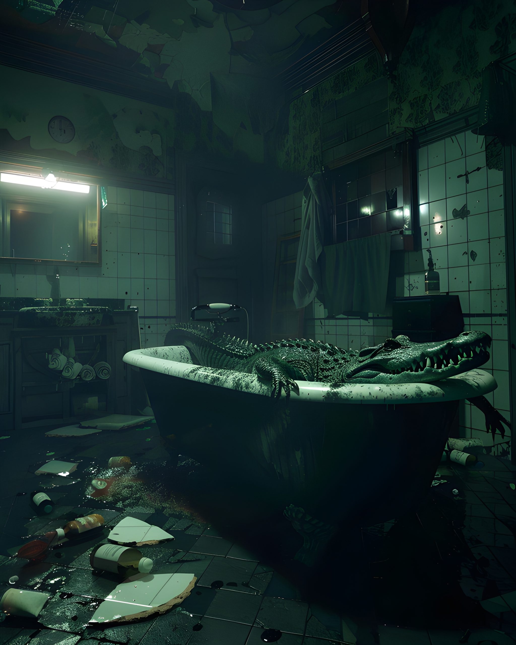Alligator in a Ruined Bathroom