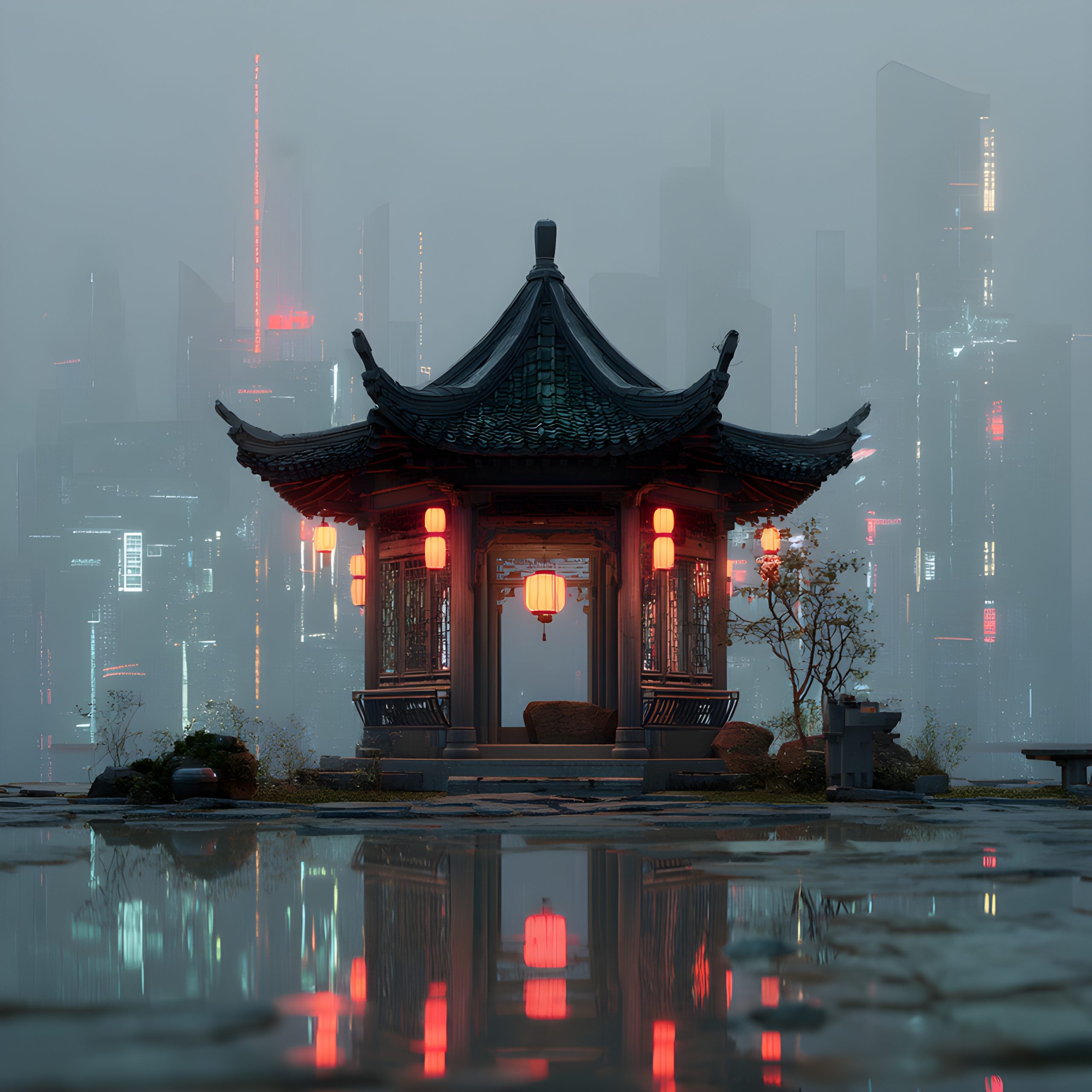 Serene Pagoda, Futuristic Cityscape
