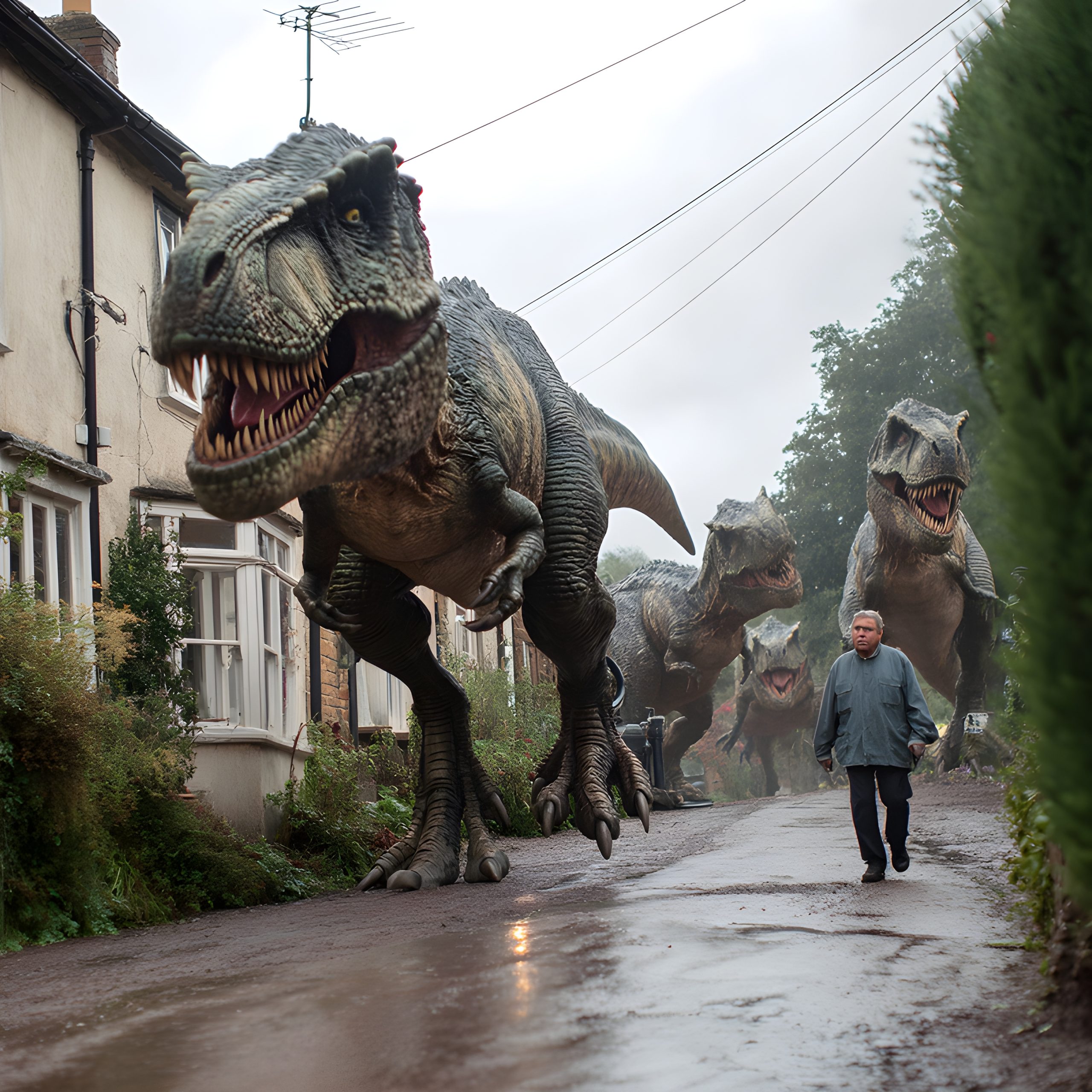 Dinosaurs Invade Suburban Street