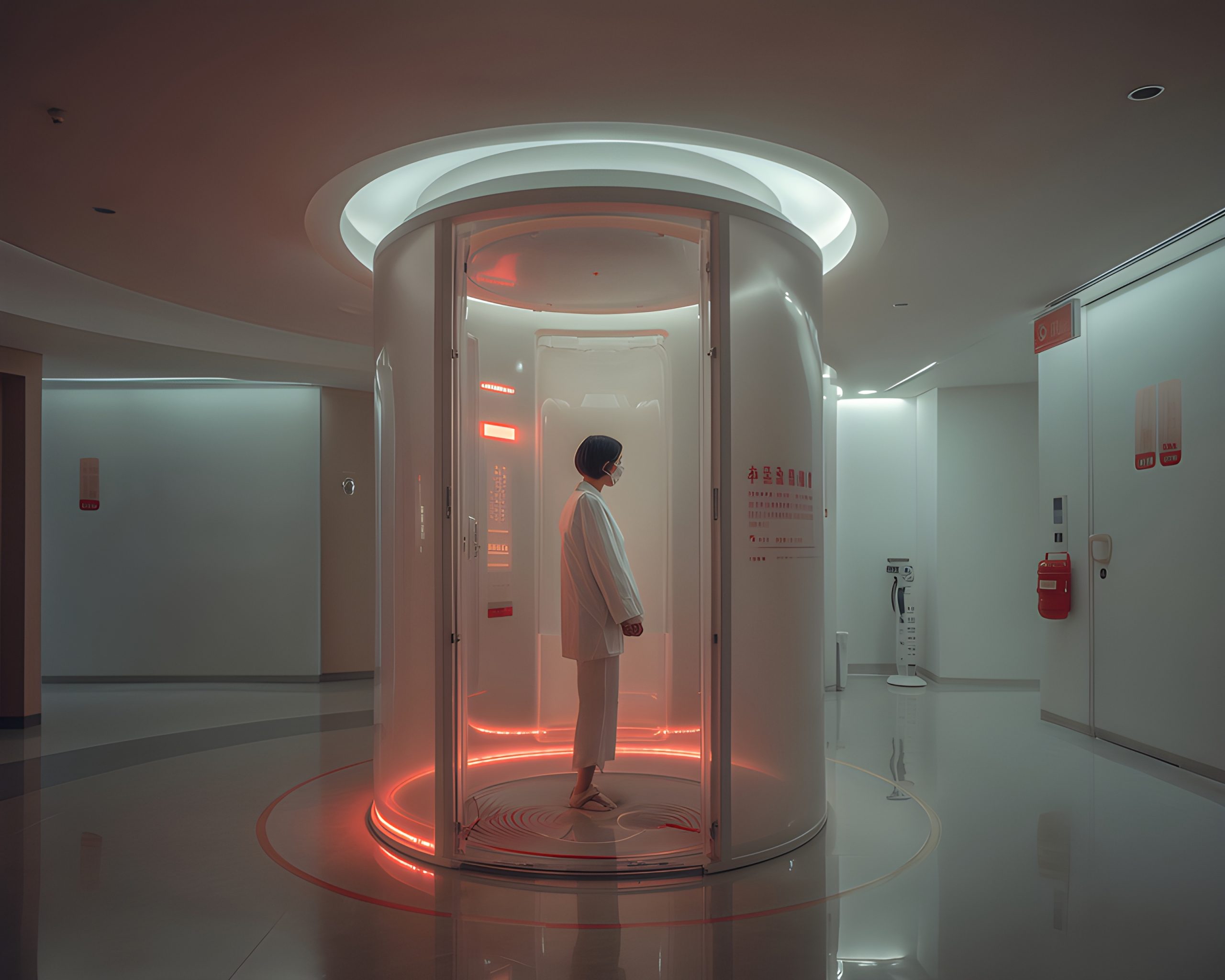 Woman in futuristic sanitation booth