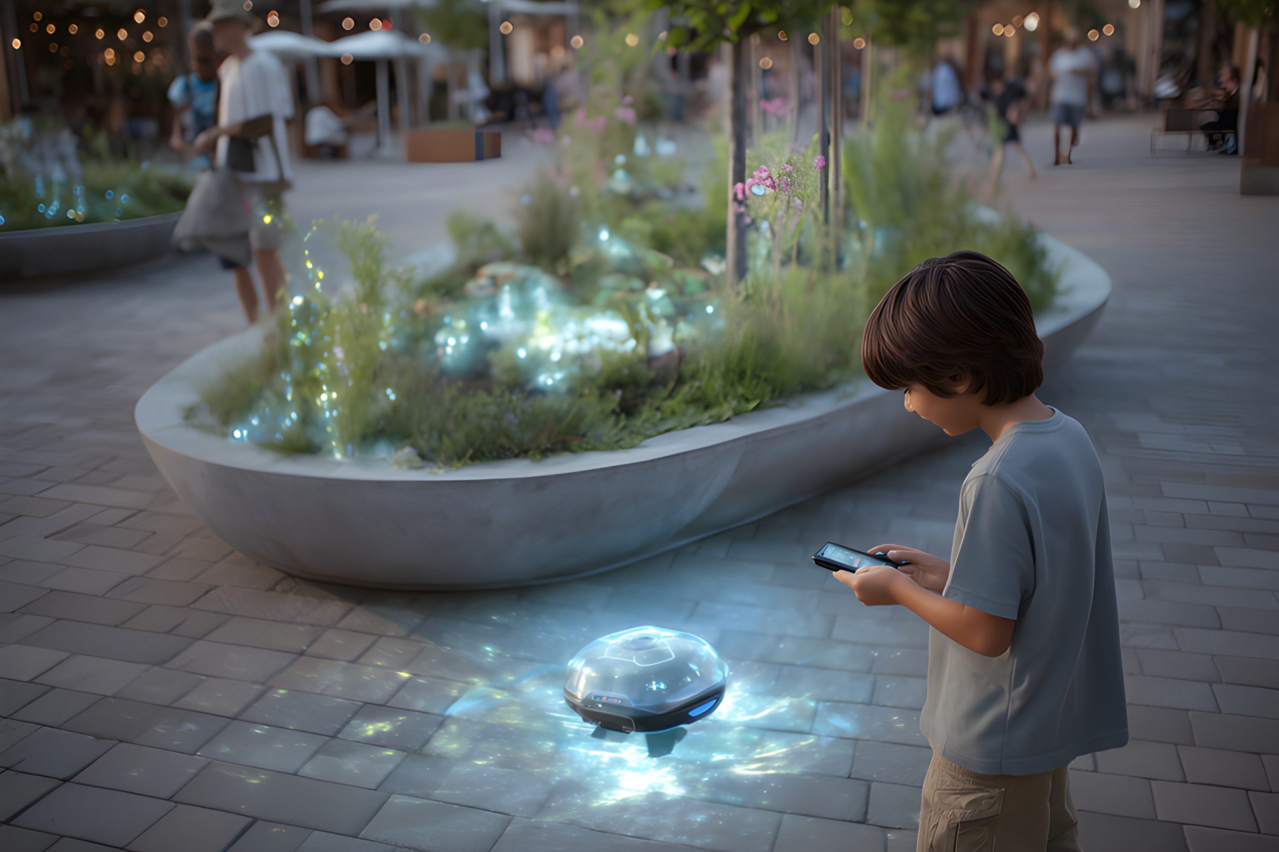 Boy controls futuristic robot in park