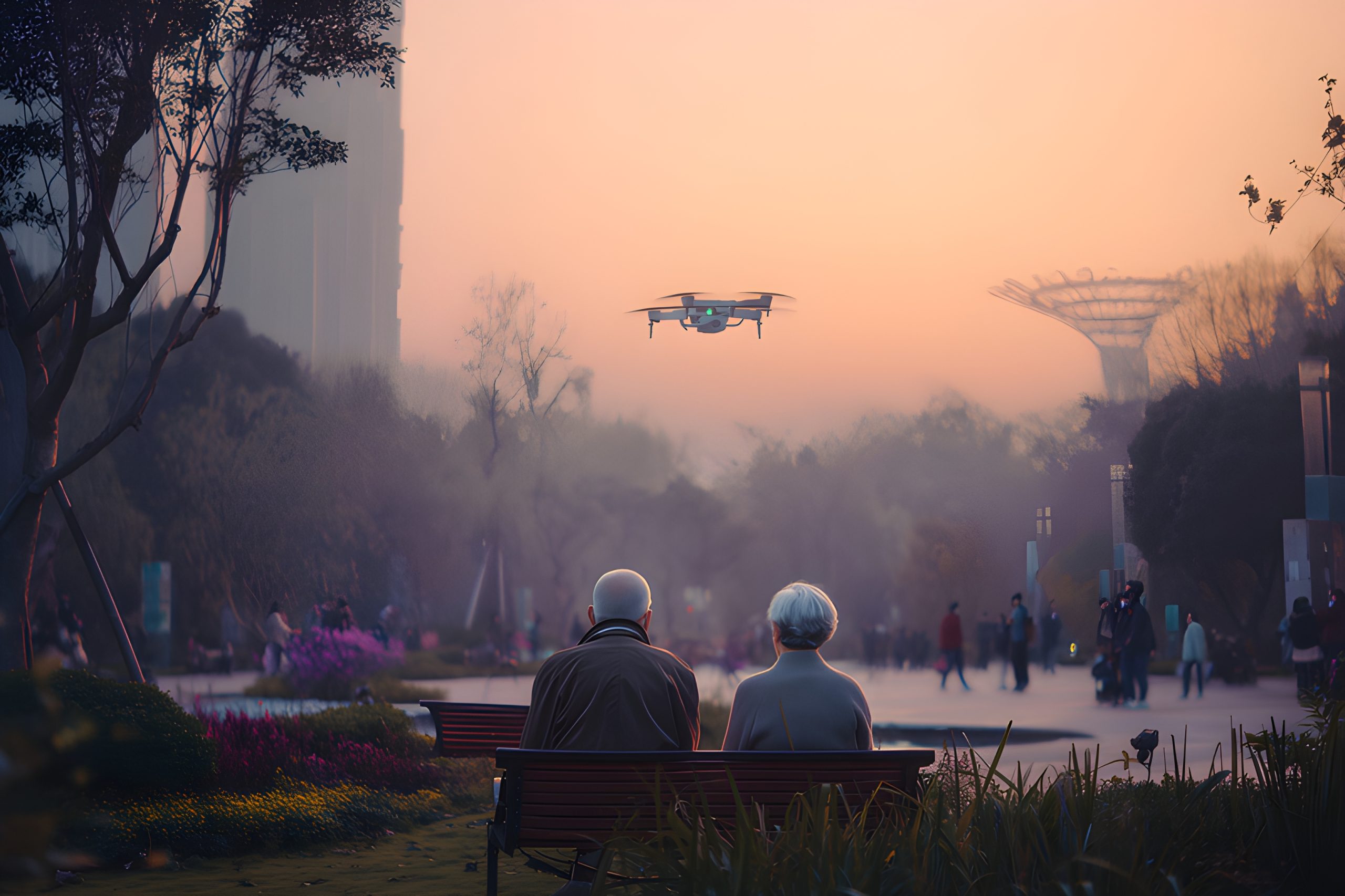 Sunset Drone Over Elderly Couple