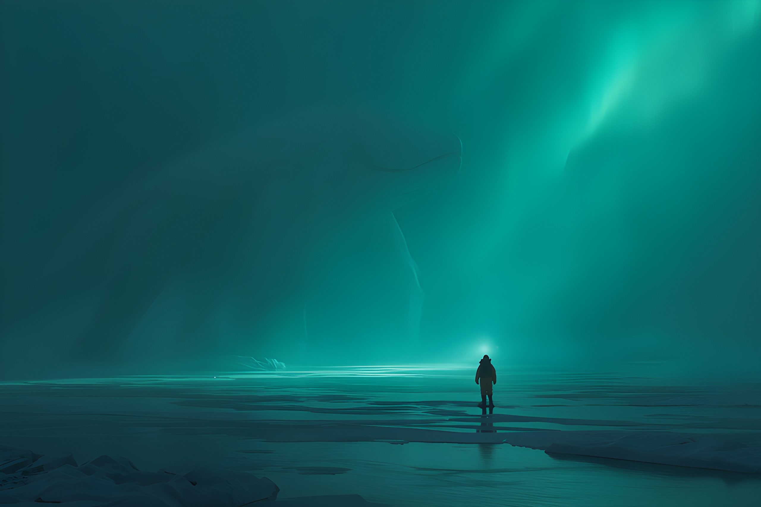 Solitary Figure in Teal Aurora