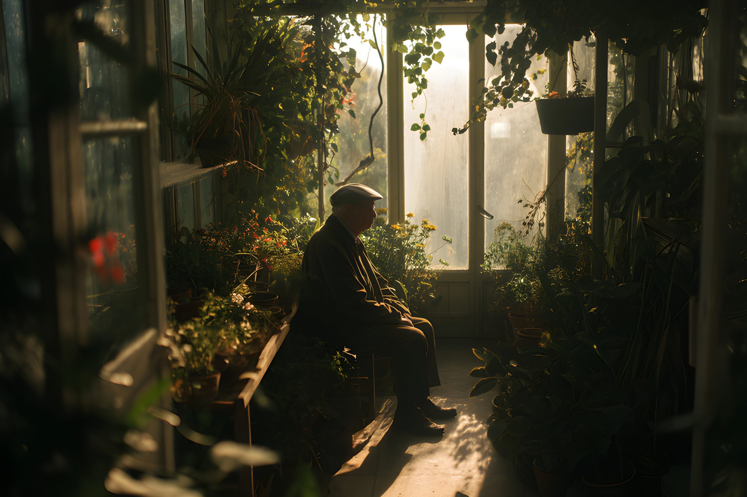 Man Contemplating in Greenhouse