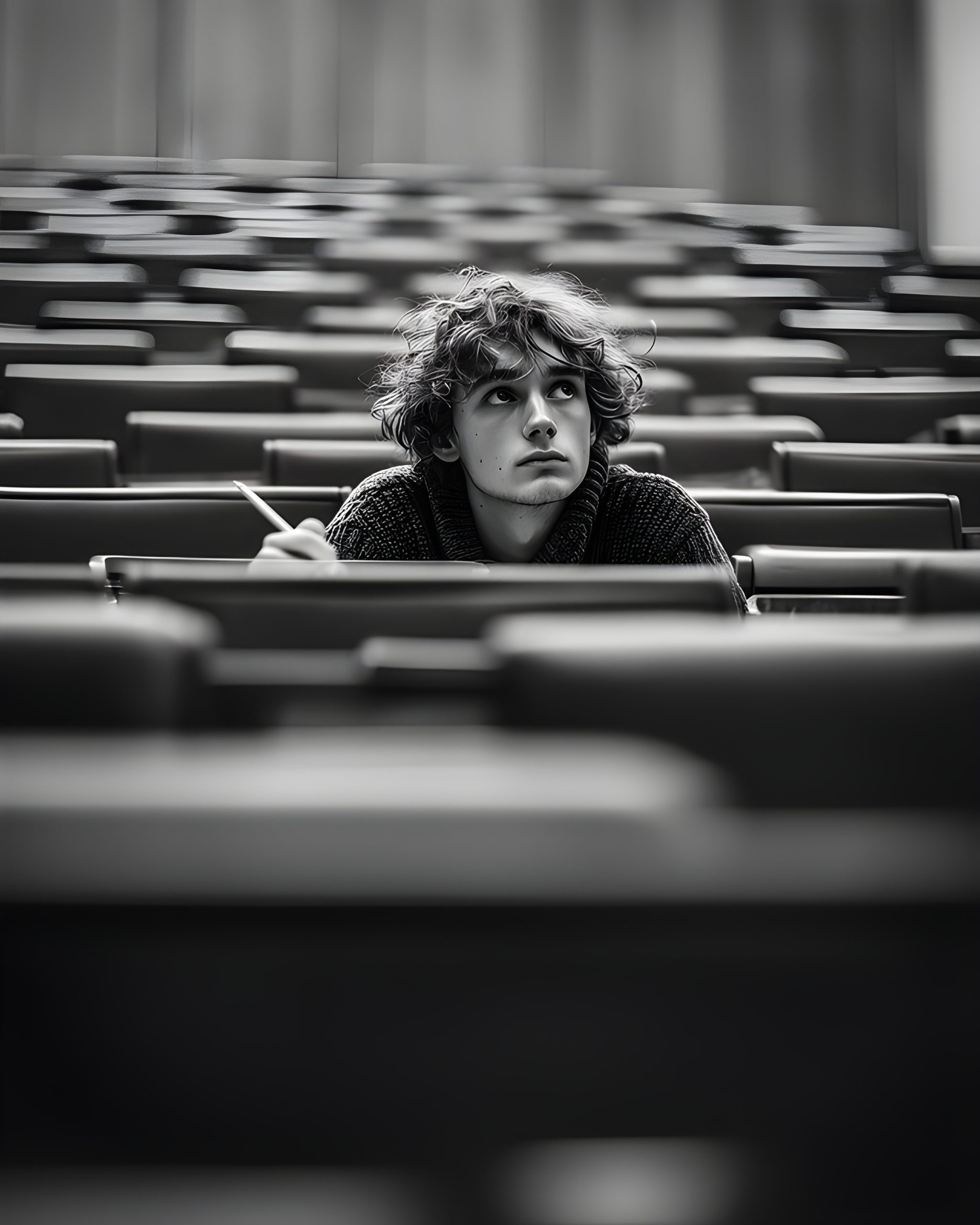 Student Contemplating in Lecture Hall