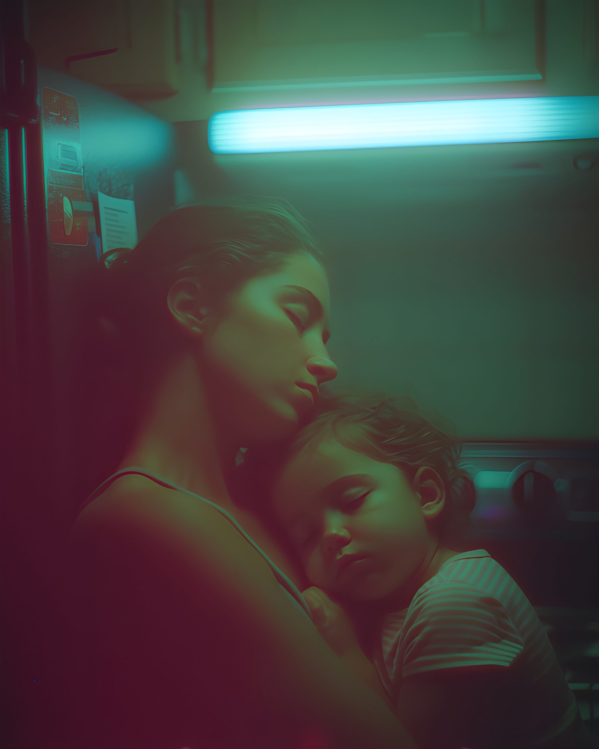Mother’s Embrace Under Neon Light