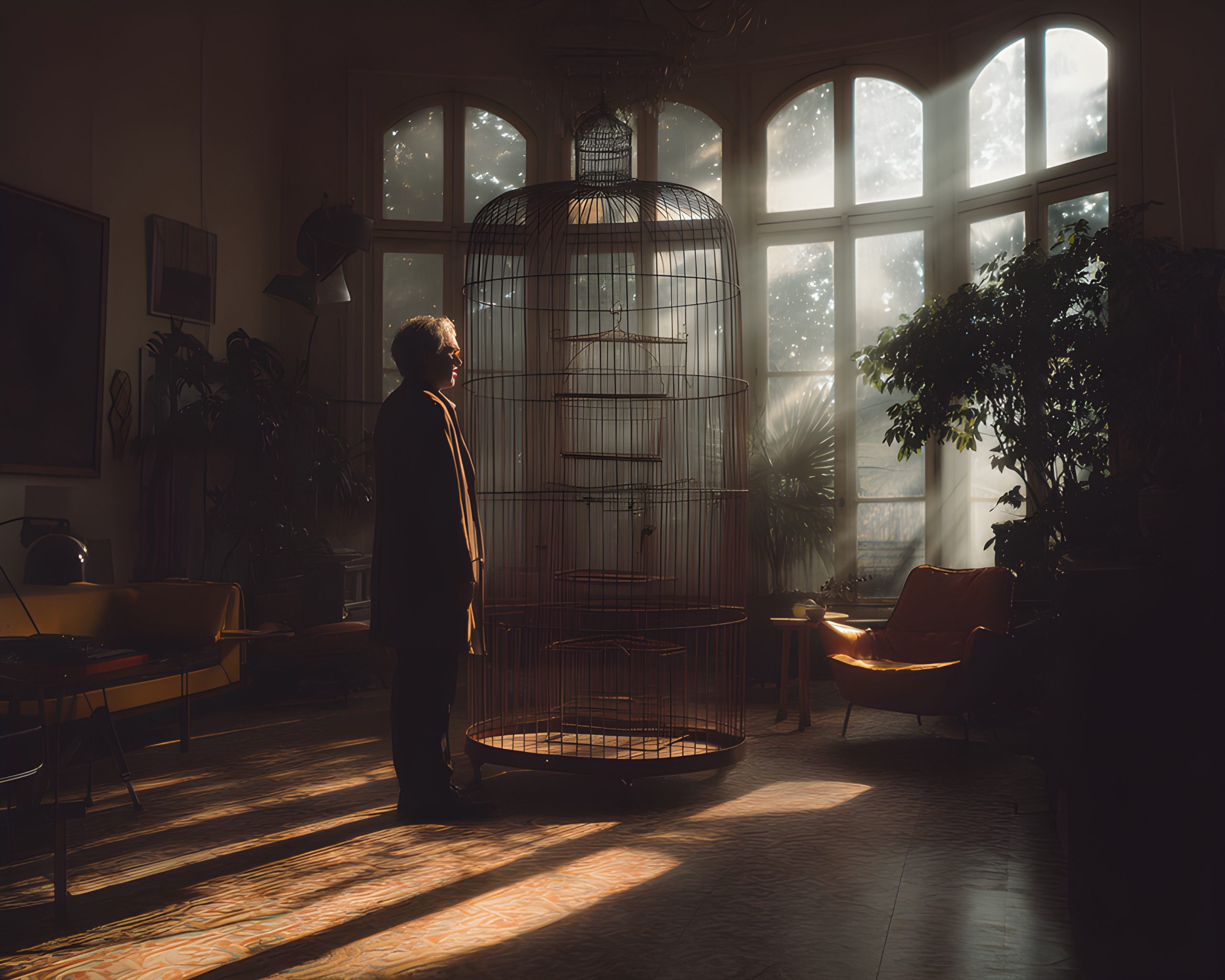 Man, Birdcage, Sunlit Room