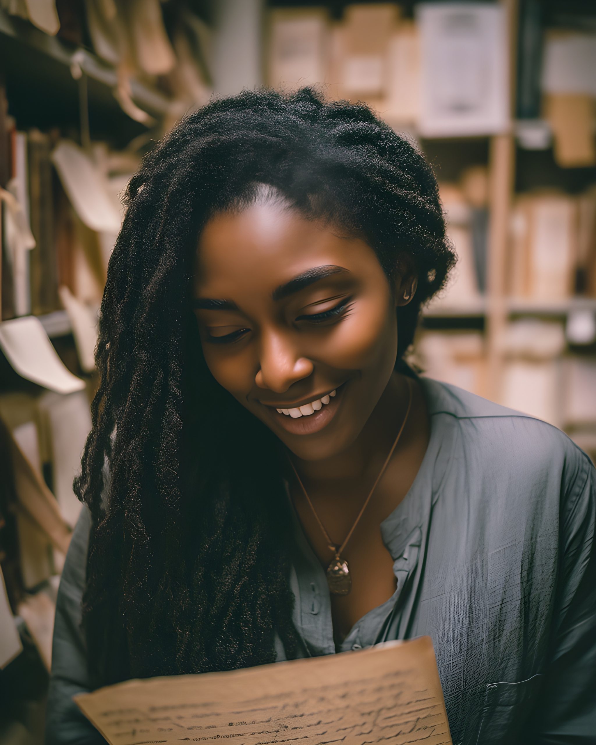 Woman reading old document in library