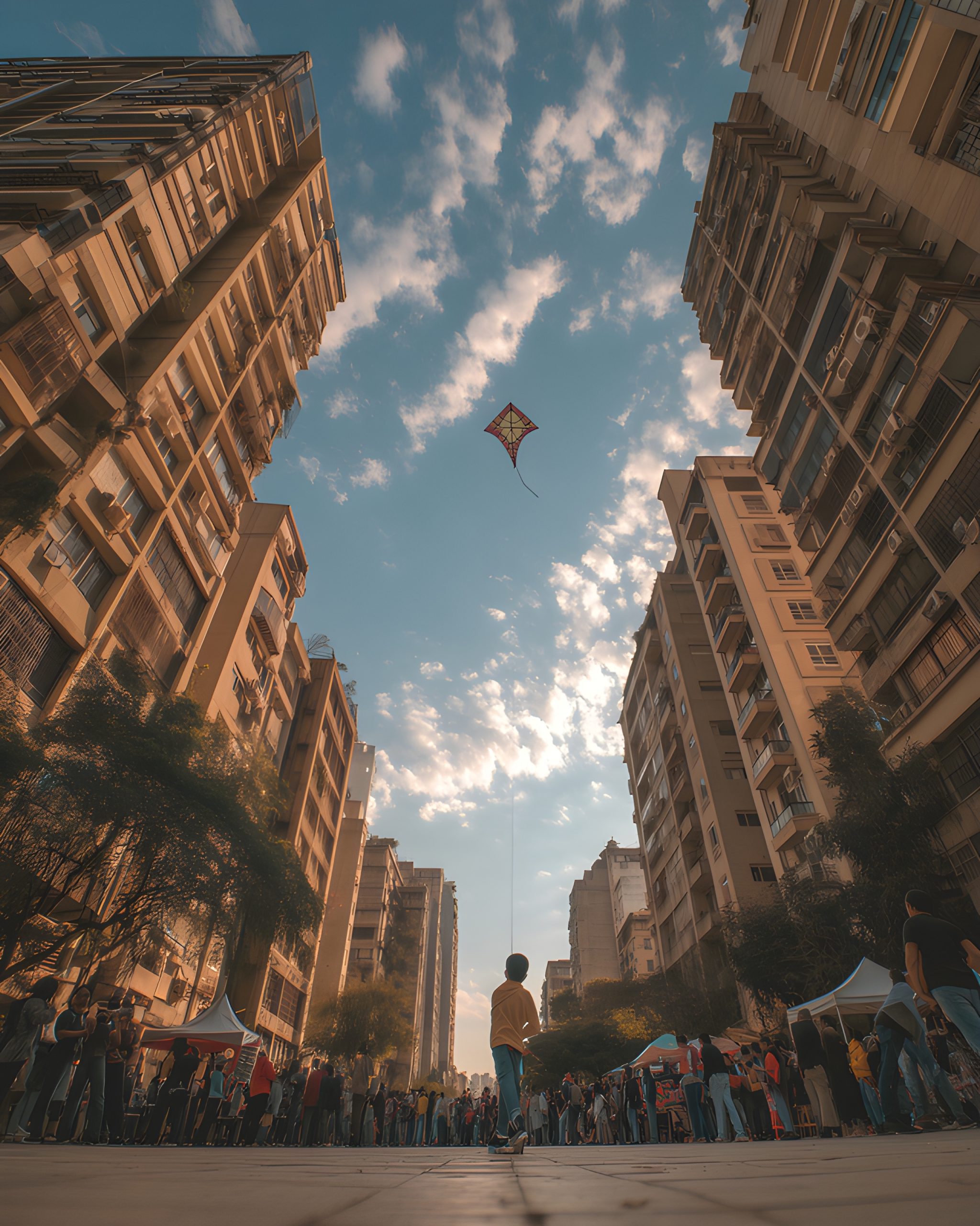 Kite Flying Cityscape Boy