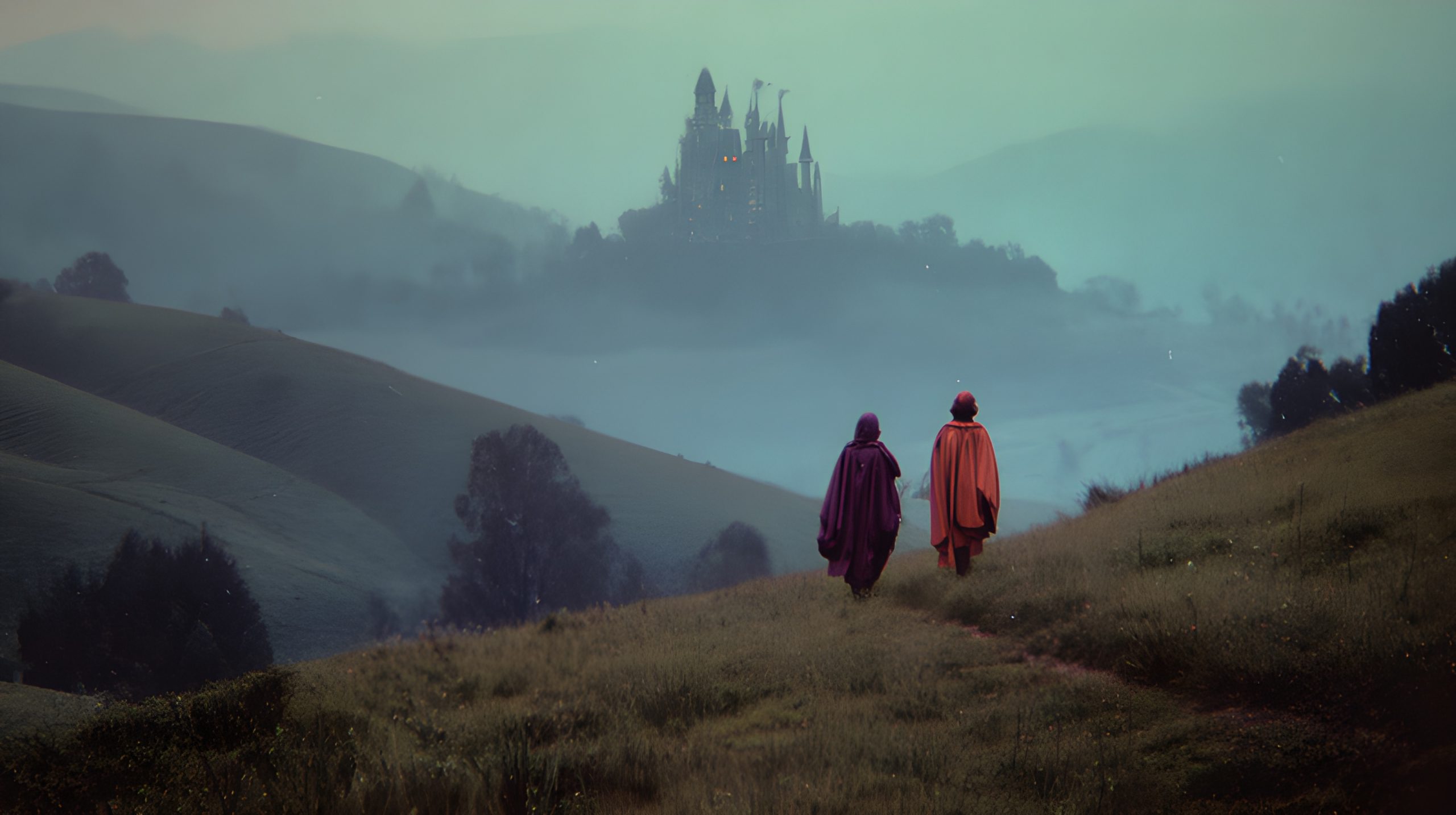 Here are a few title options, all under 50 characters: * Misty Path to the Castle
* Two Travelers, Distant Castle
* Journey’s End: Castle in Mist
* Towards the Misty Castle
* Cloaked Figures, Castle View