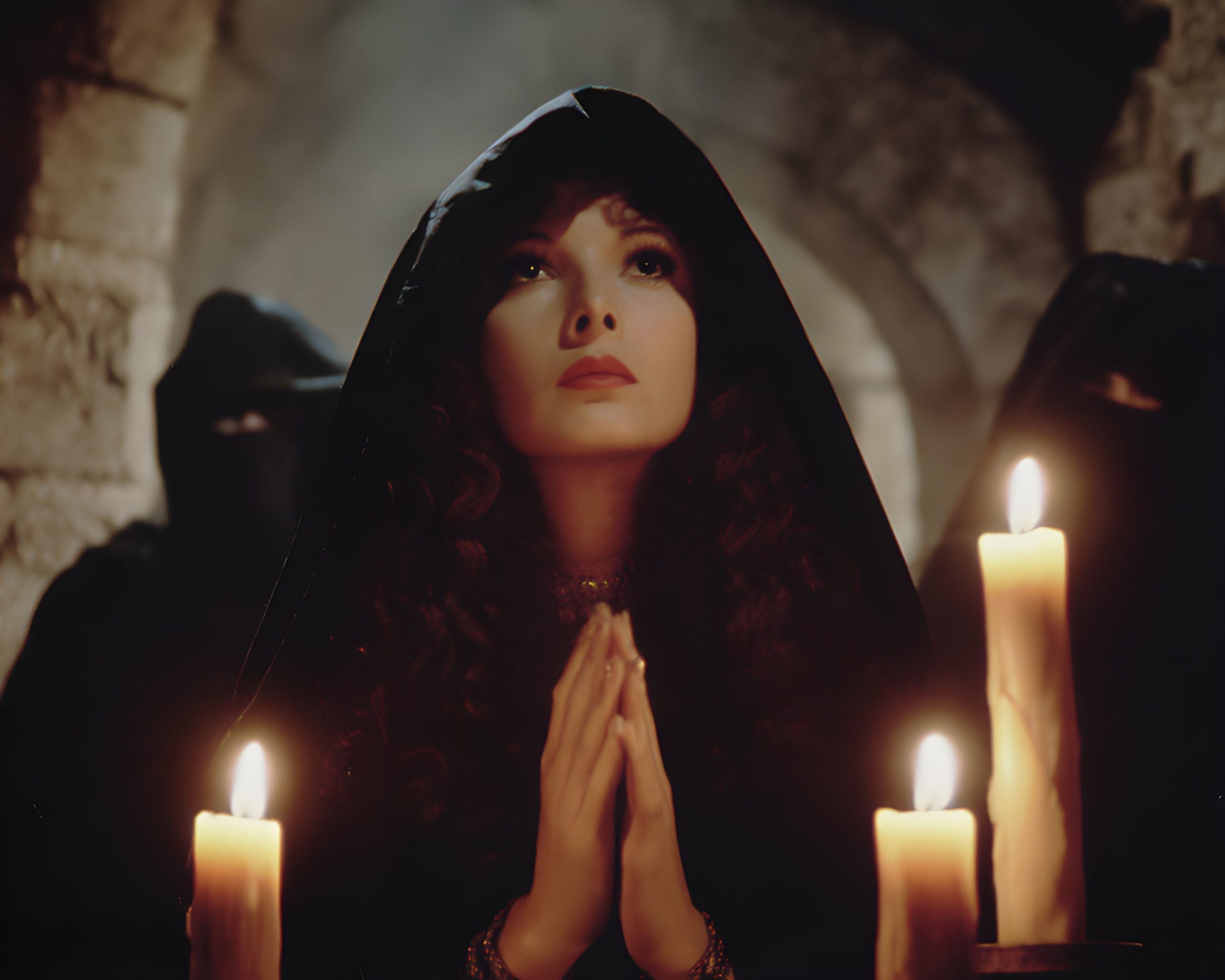 Here are a few title options, all under 50 characters:  * Midnight Prayer
* Hooded Woman’s Plea
* Candlelit Confession
* Secret Ritual
* Shadows and Faith