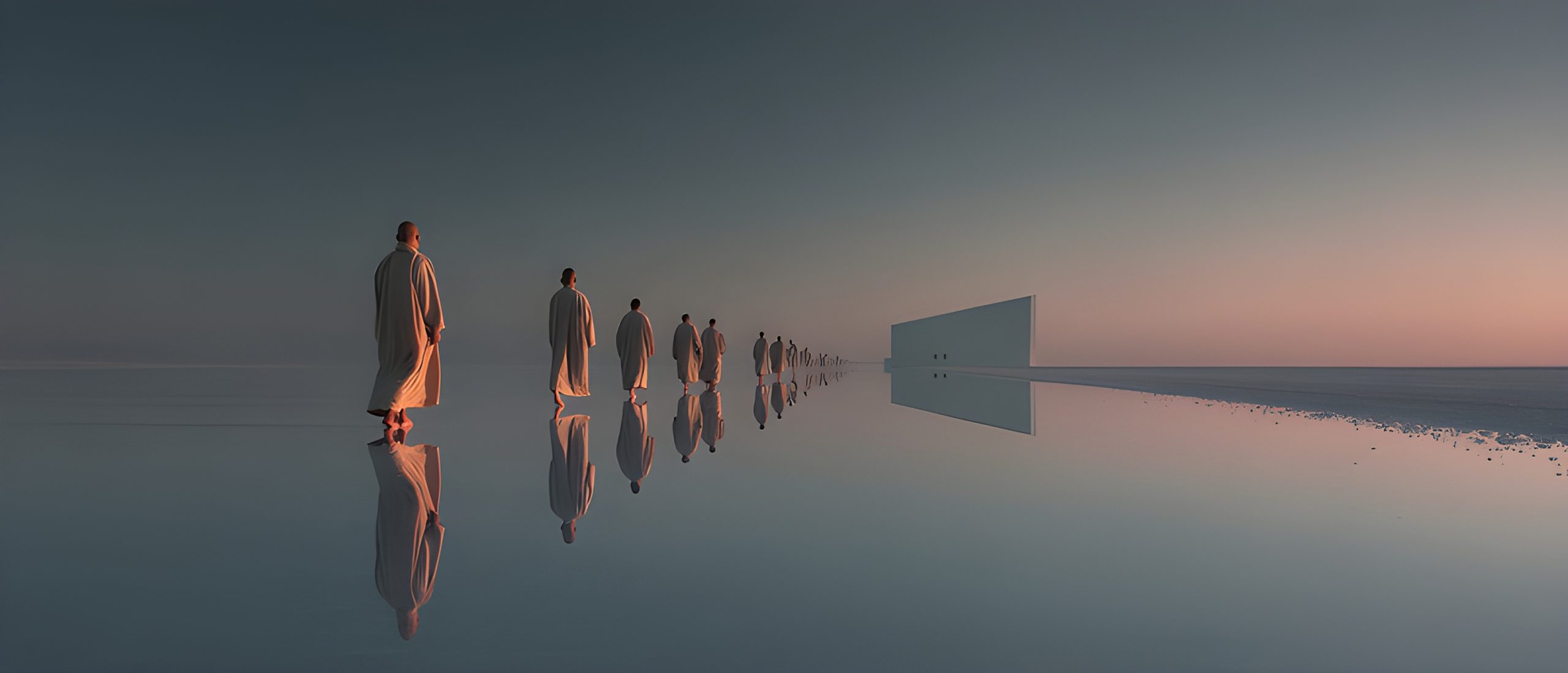 Here are a few title options under 50 characters:  * Monks Towards the Horizon
* Desert Pilgrimage
* Reflection’s Path
* The Long Walk Home
* Towards the Unknown
* Silent Procession
* Endless Reflection