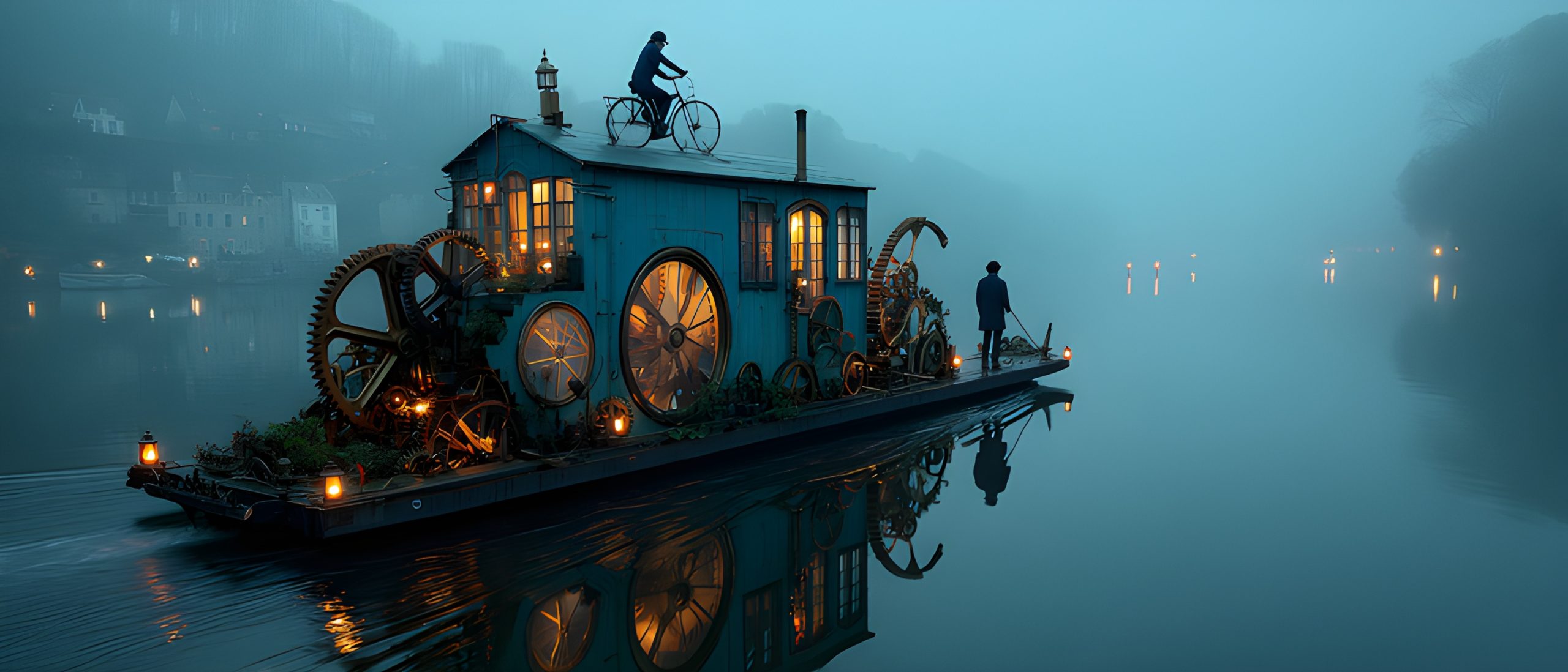 Steampunk Houseboat on Misty River